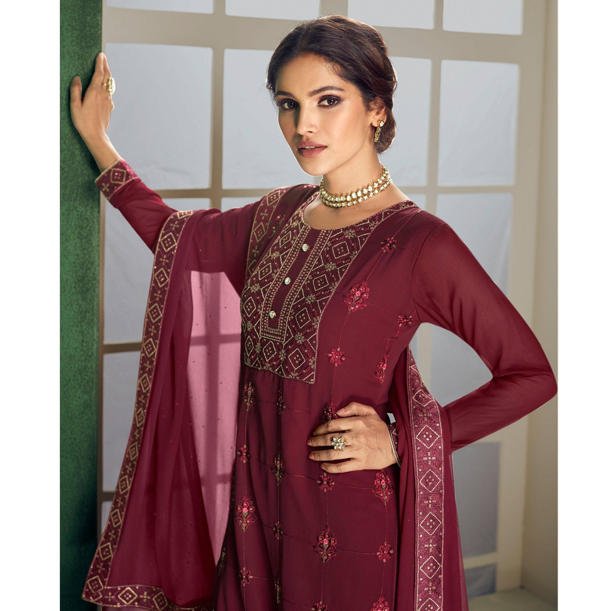 Maroon Floral Sequence Embroidered Georgette Partywear Suit - Peachmode