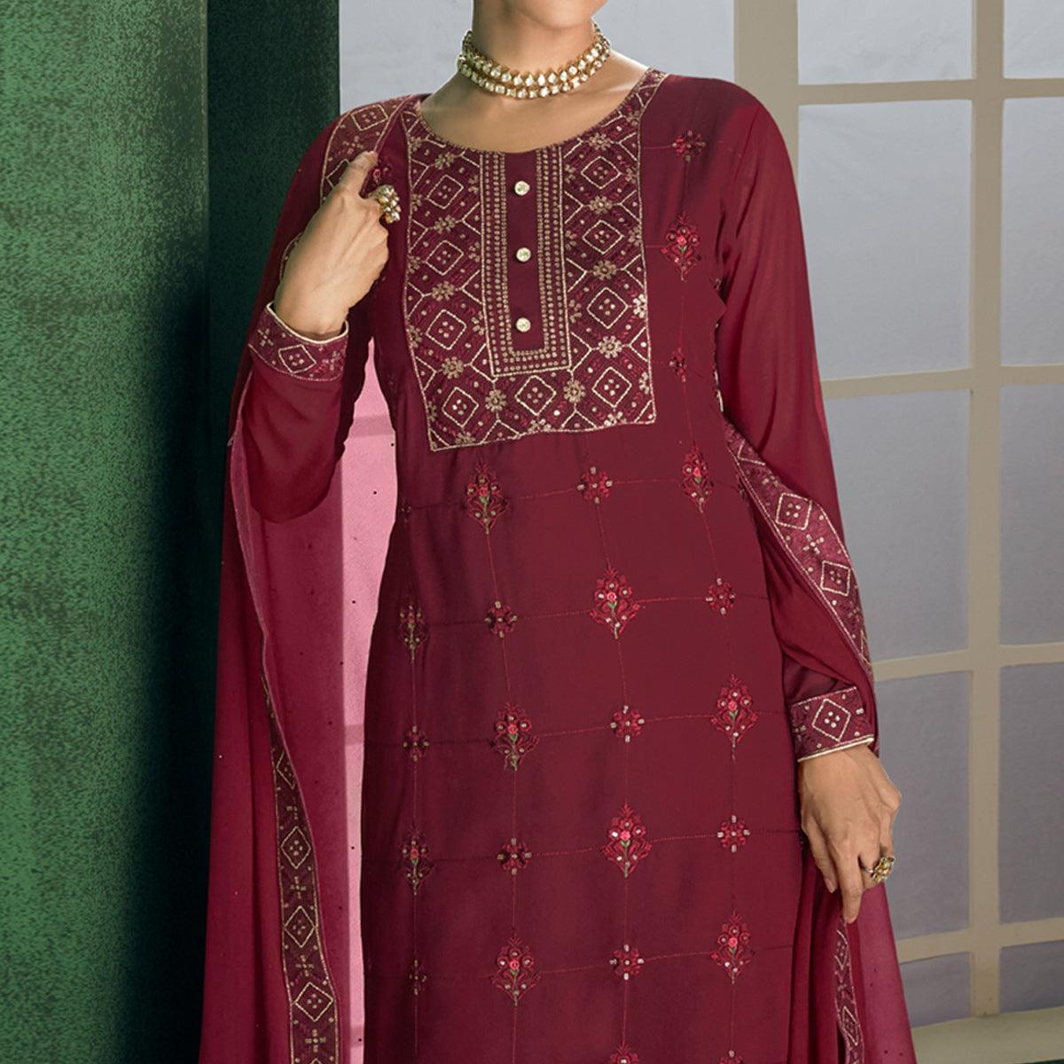Maroon Floral Sequence Embroidered Georgette Partywear Suit - Peachmode