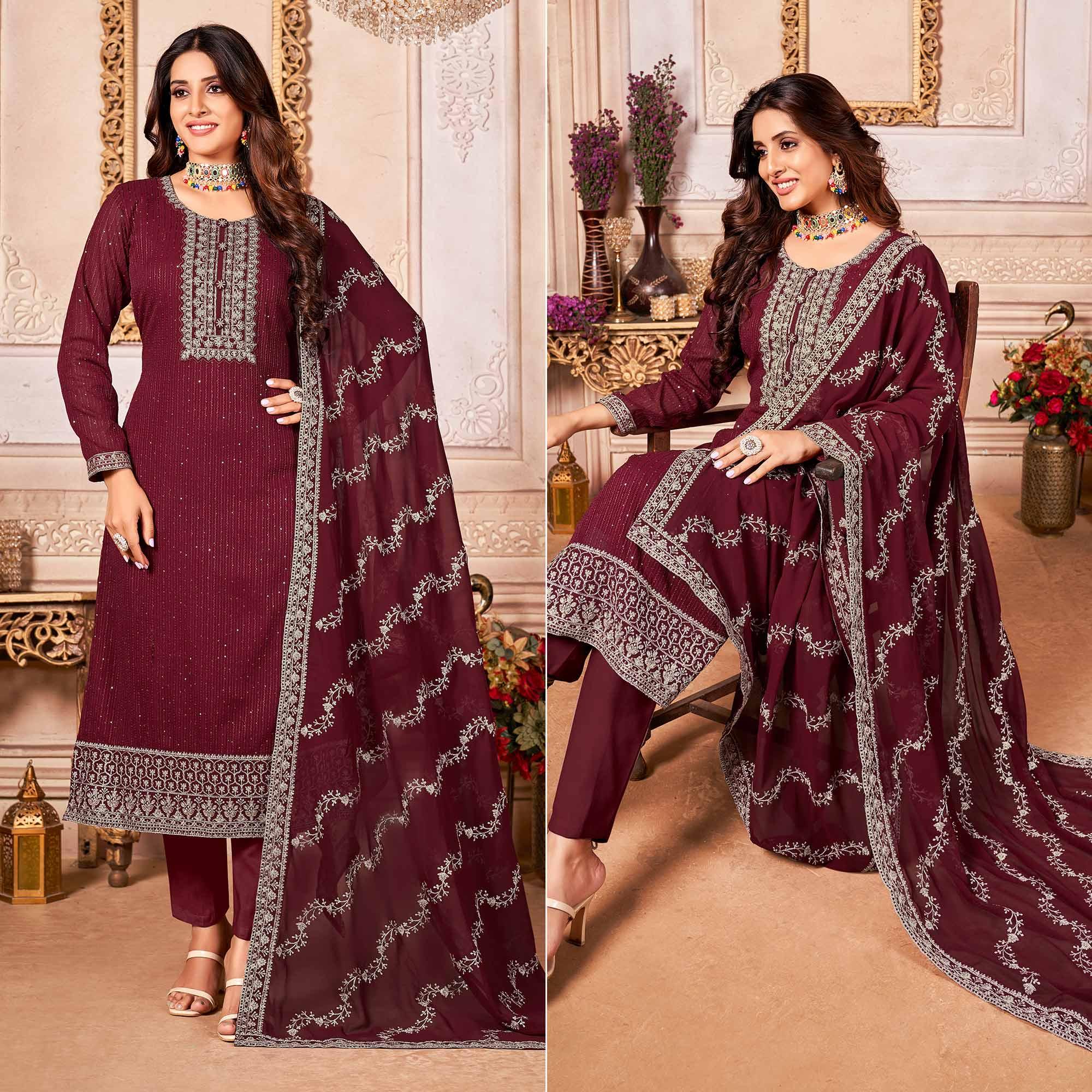 Maroon Floral Sequence Embroidered Georgette Salwar Suit - Peachmode