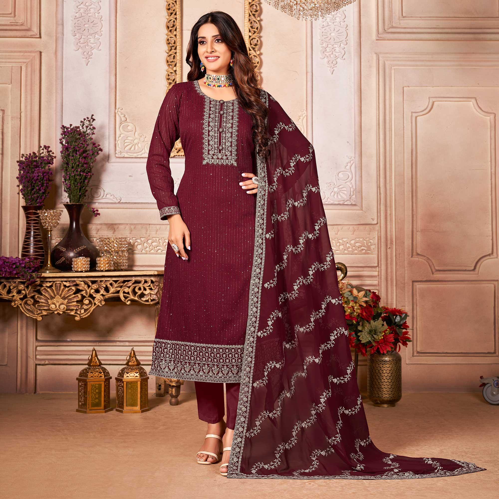 Maroon Floral Sequence Embroidered Georgette Salwar Suit - Peachmode