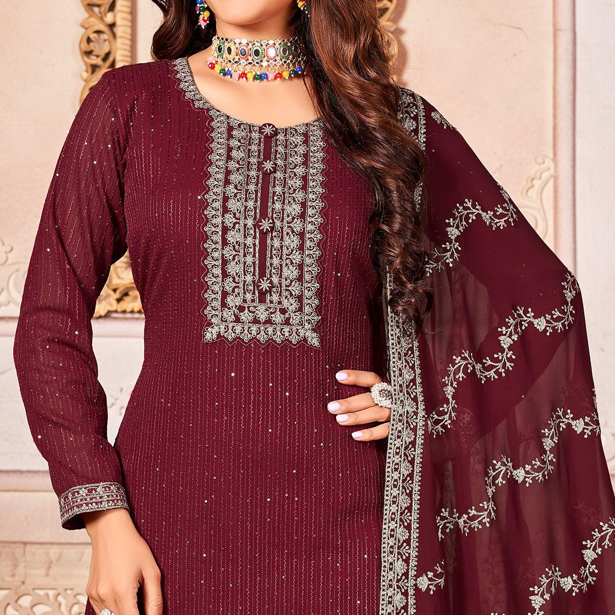 Maroon Floral Sequence Embroidered Georgette Salwar Suit - Peachmode