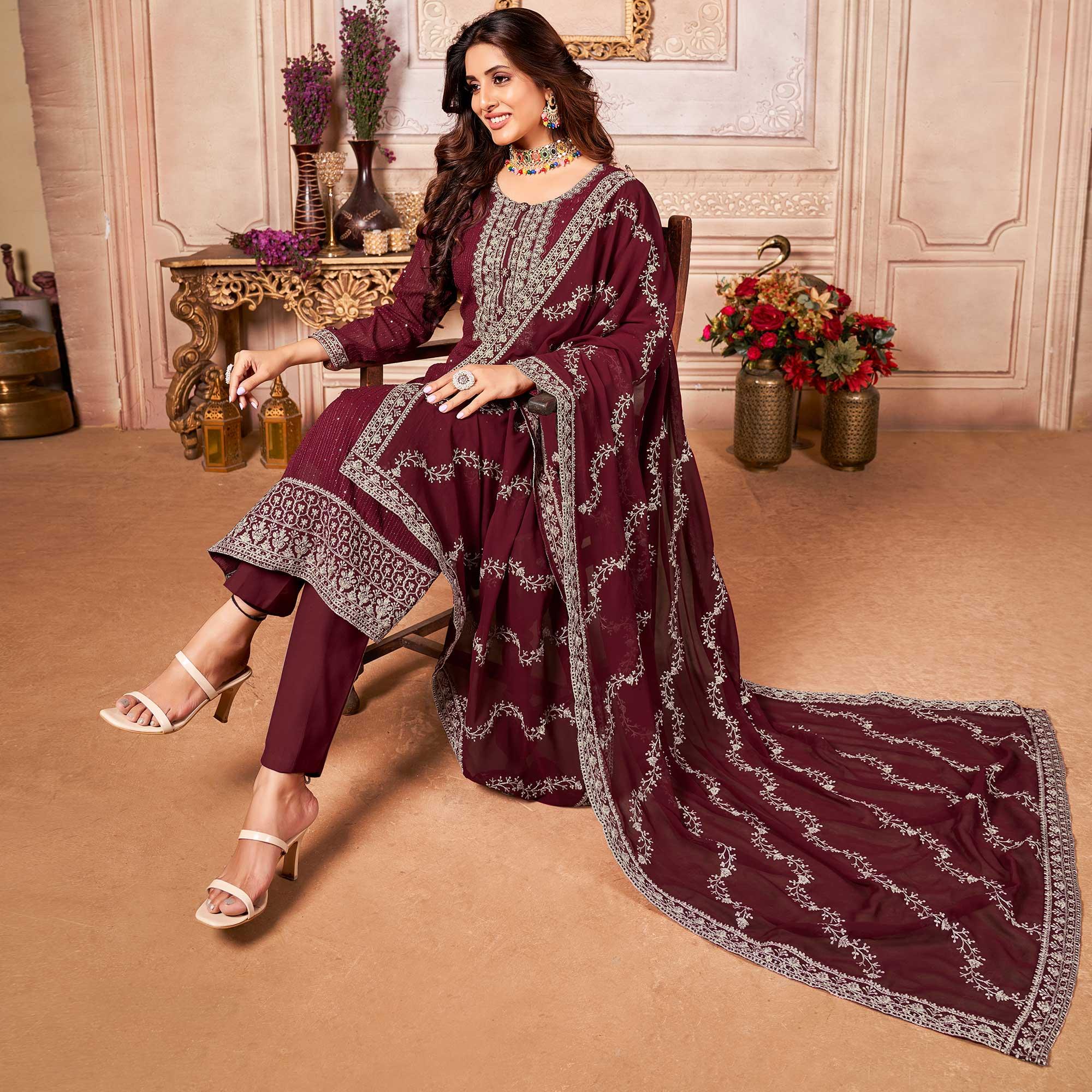 Maroon Floral Sequence Embroidered Georgette Salwar Suit - Peachmode