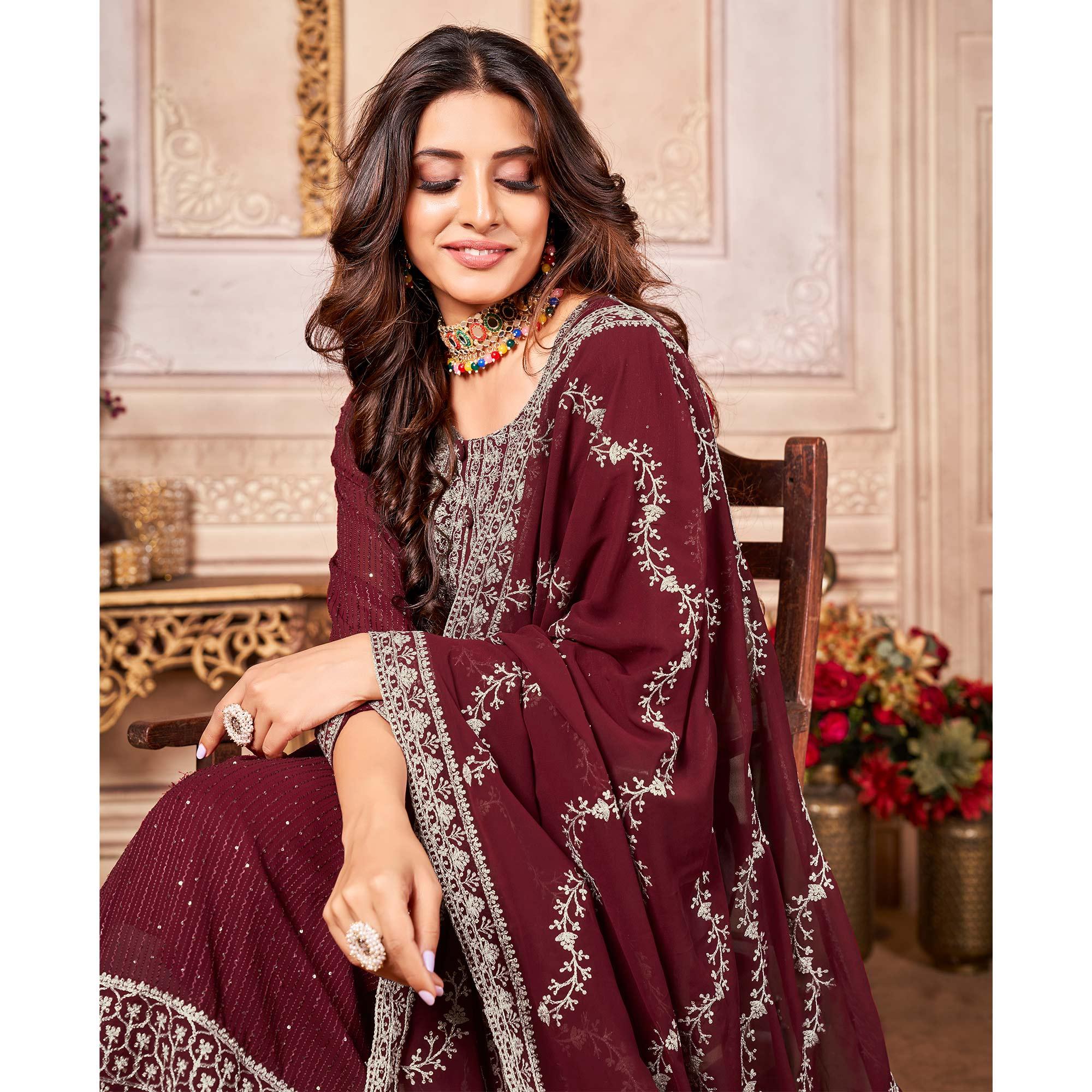 Maroon Floral Sequence Embroidered Georgette Salwar Suit - Peachmode