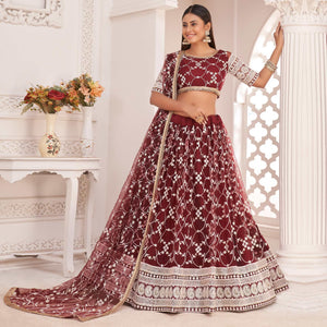 Maroon Floral Sequence Embroidered Net Lehenga Choli - Peachmode