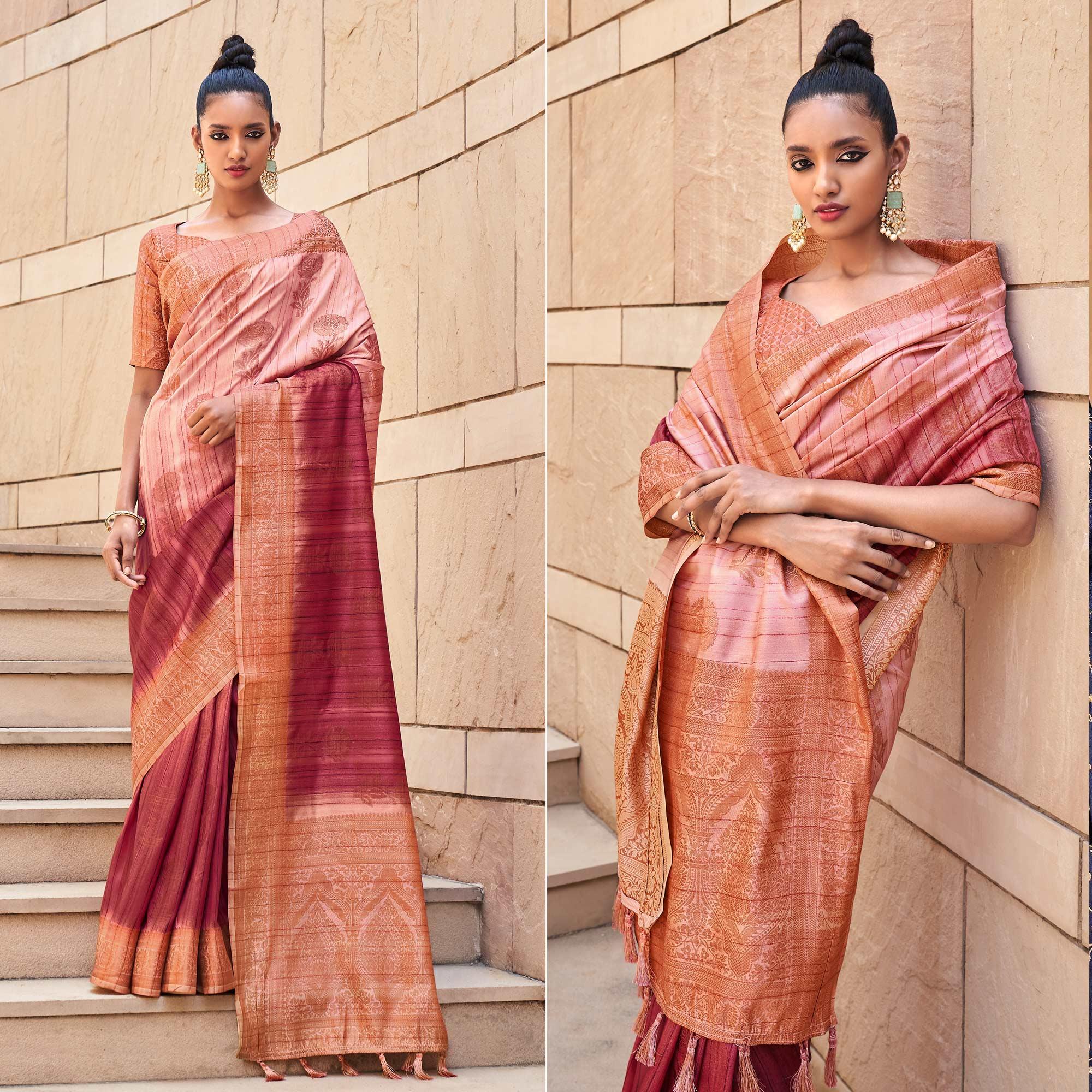Maroon Floral Woven Art Silk Saree - Peachmode