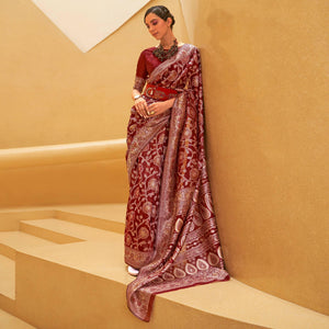 Maroon Floral Woven Art Silk Saree - Peachmode