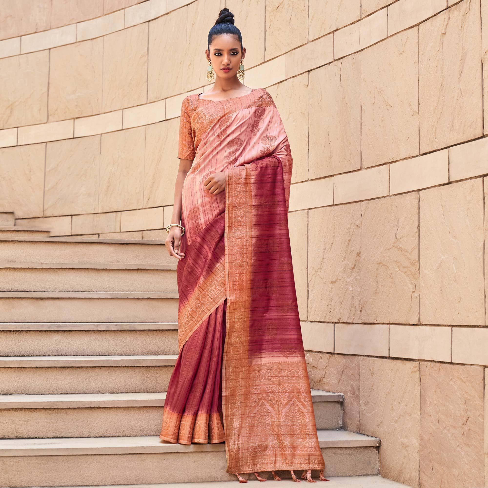 Maroon Floral Woven Art Silk Saree - Peachmode