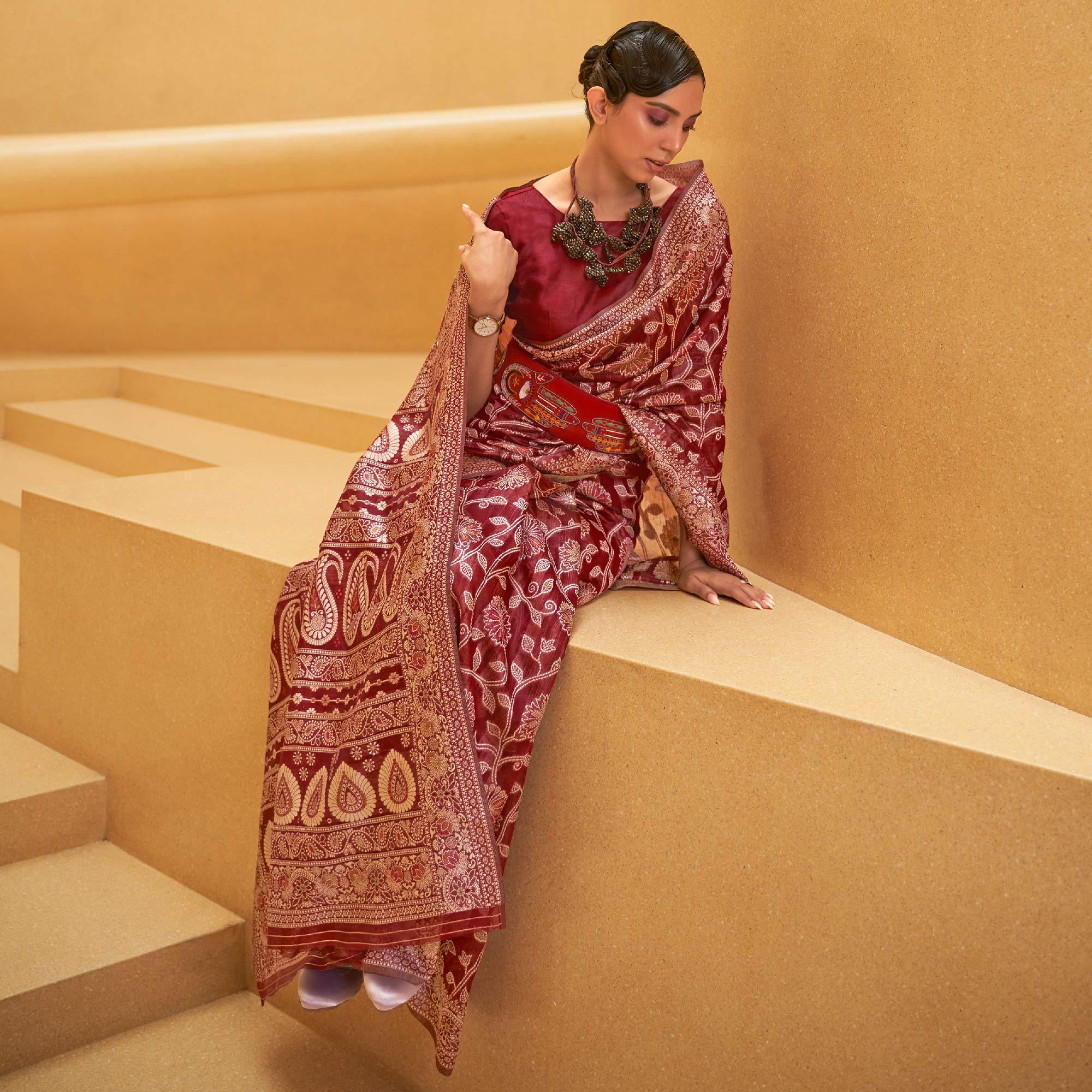 Maroon Floral Woven Art Silk Saree - Peachmode