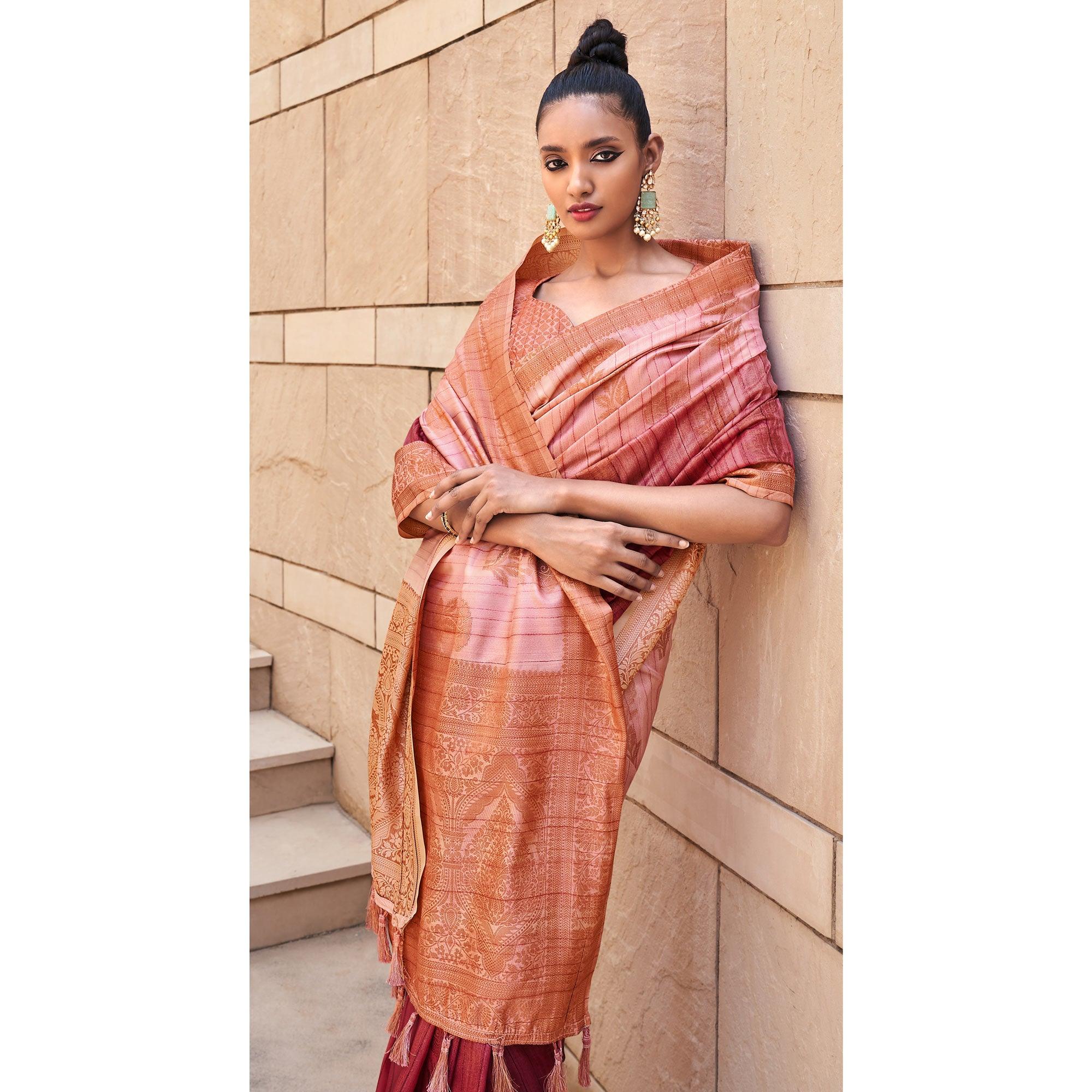 Maroon Floral Woven Art Silk Saree - Peachmode