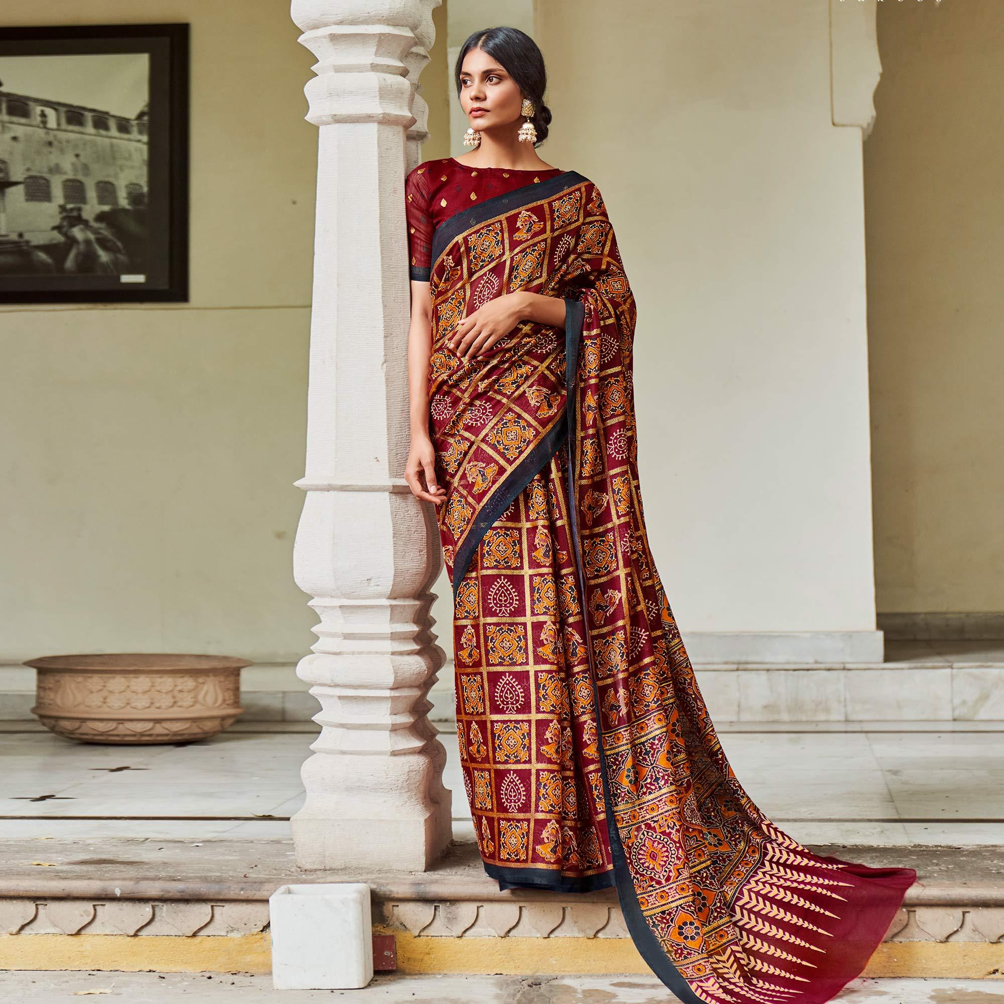 Maroon Foil Digital Printed Poly Cotton Saree - Peachmode