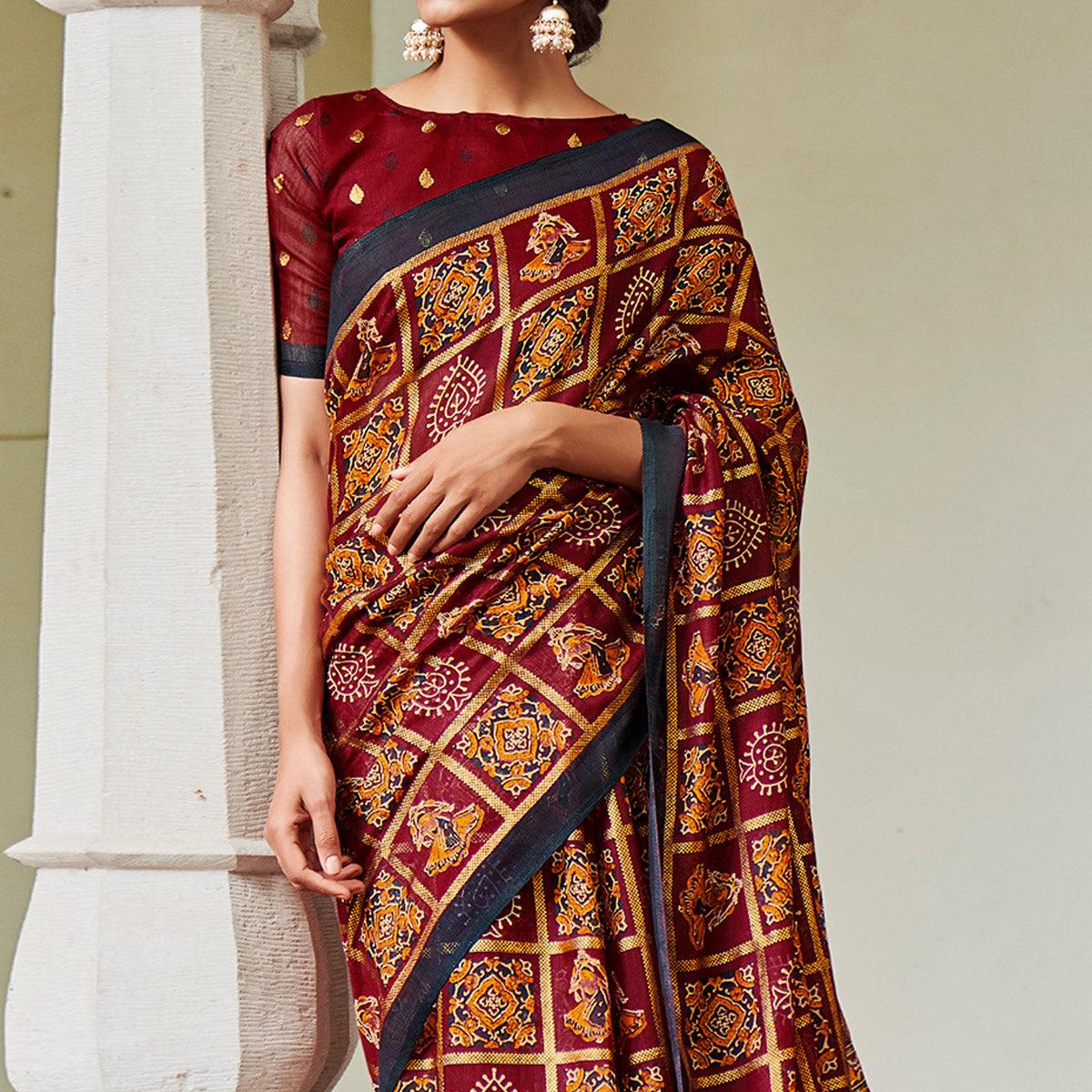 Maroon Foil Digital Printed Poly Cotton Saree - Peachmode