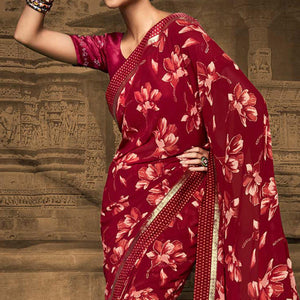 Maroon Foil Printed Georgette Saree - Peachmode
