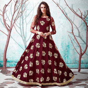Maroon Foil Printed Netted Gown - Peachmode