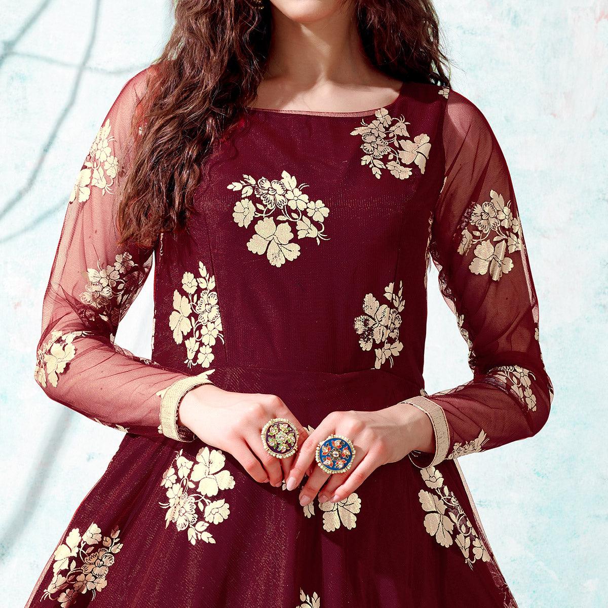 Maroon Foil Printed Netted Gown - Peachmode