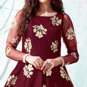 Maroon Foil Printed Netted Gown - Peachmode