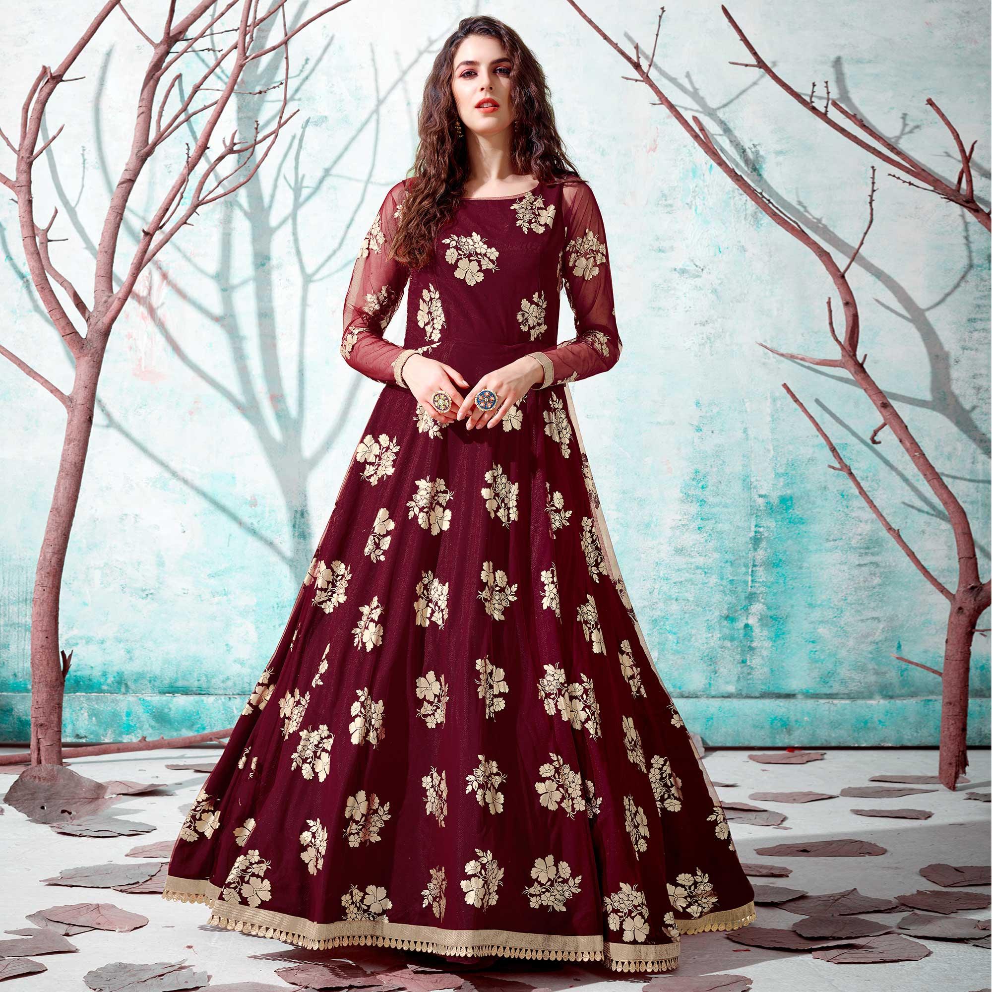 Maroon Foil Printed Netted Gown - Peachmode