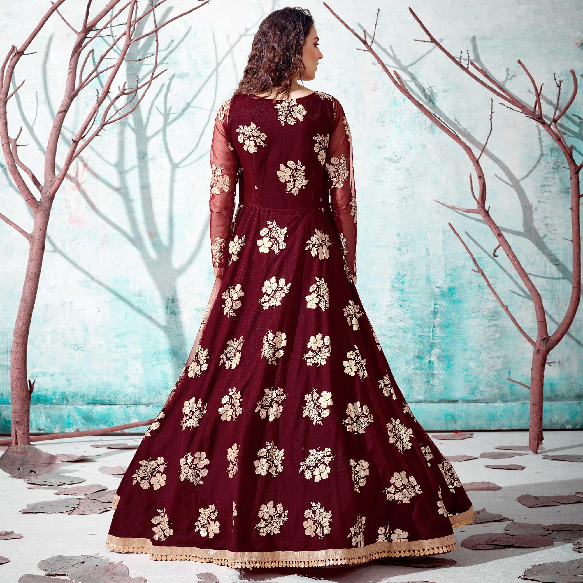 Maroon Foil Printed Netted Gown - Peachmode