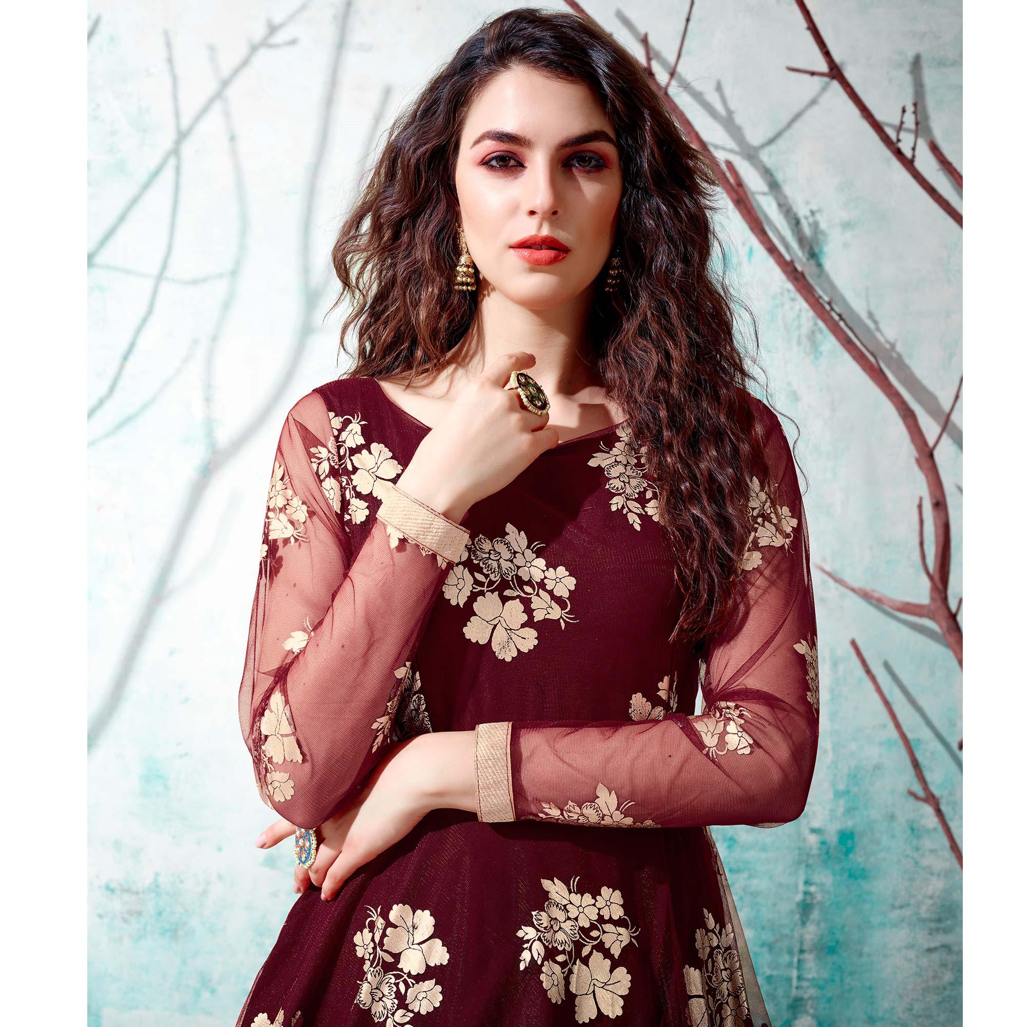 Maroon Foil Printed Netted Gown - Peachmode