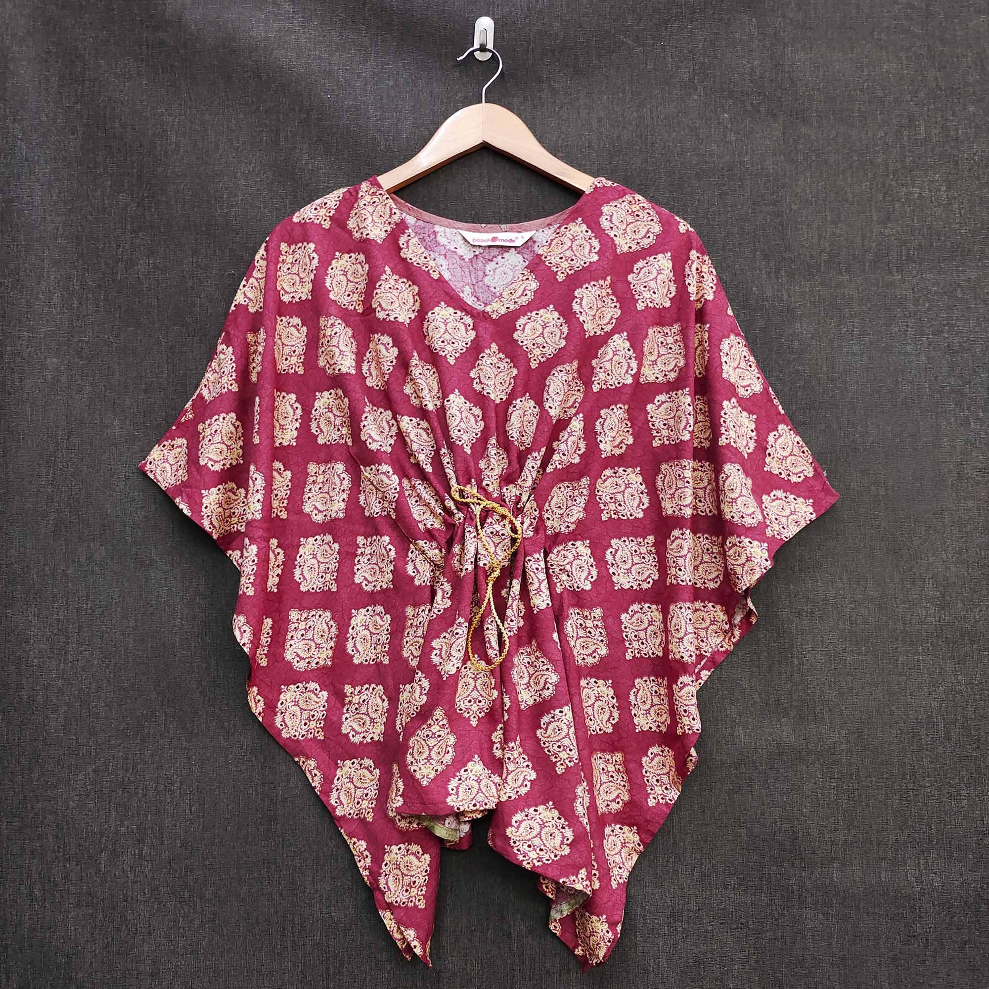 Maroon Foil Printed Rayon Kaftan Top - Peachmode