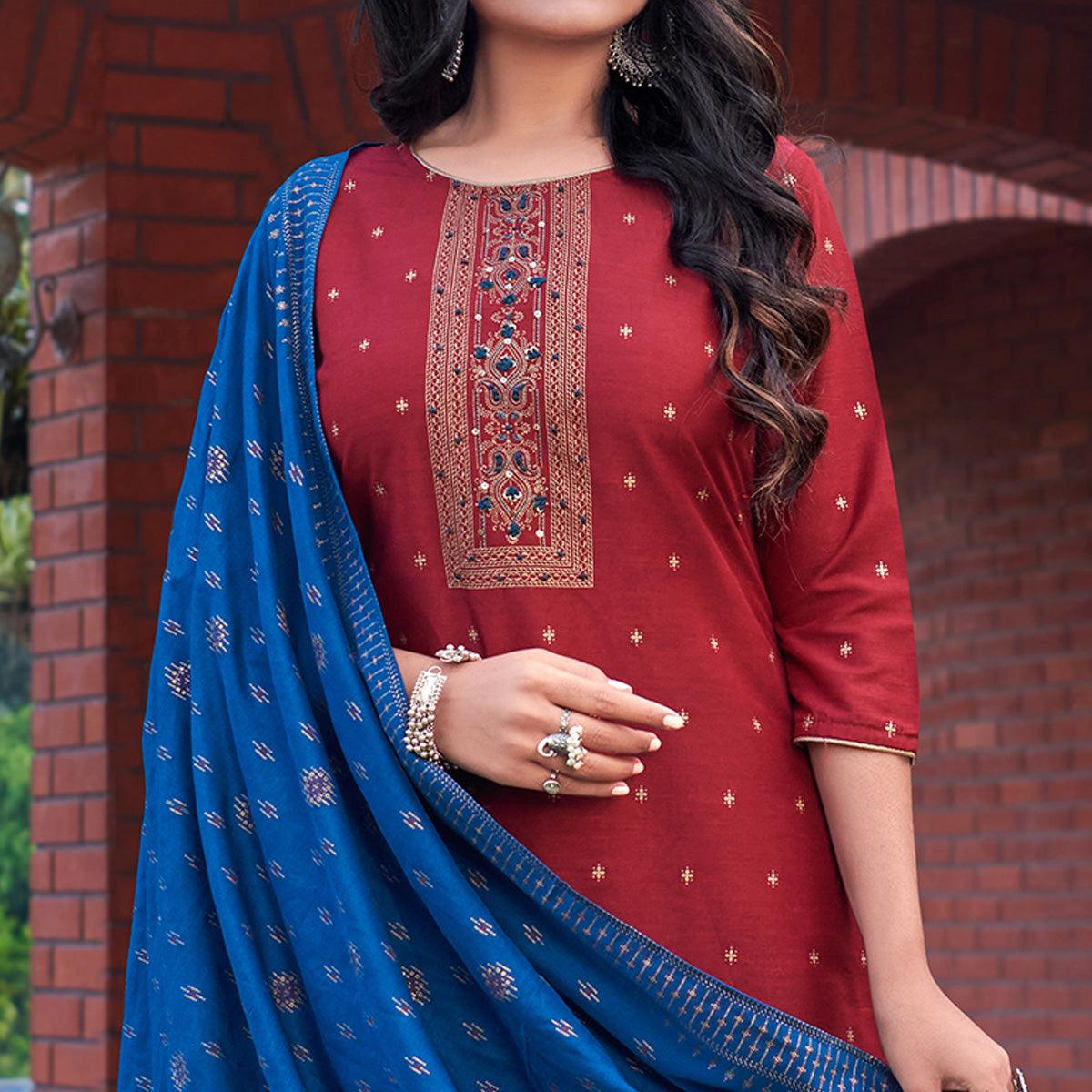 Maroon Foil Printed With Embroidered Rayon Kurti Pant Set With Dupatta - Peachmode