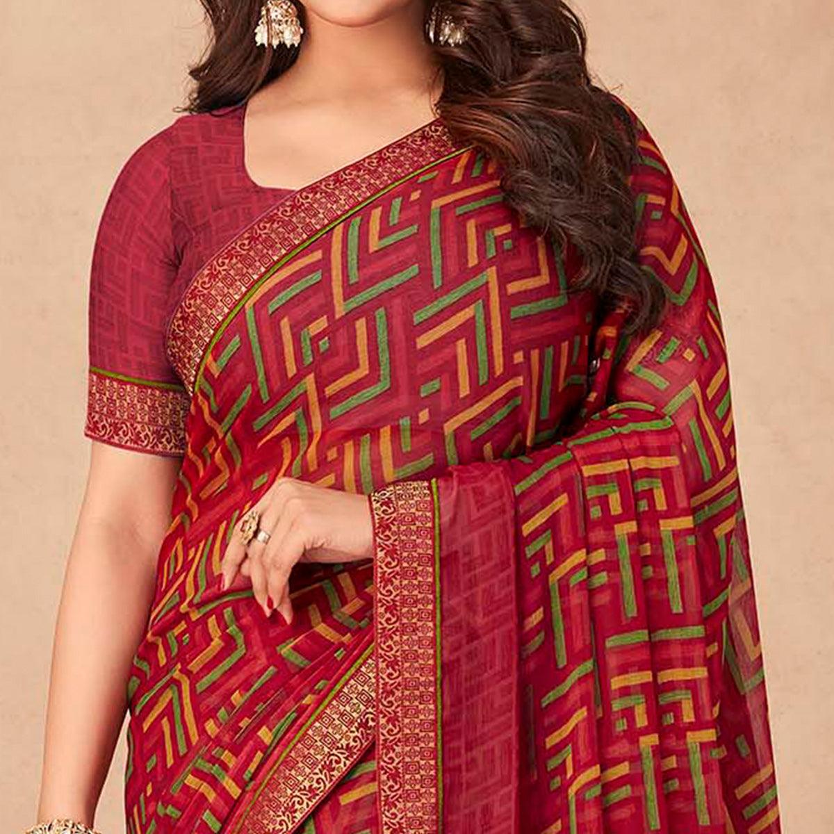 Maroon Geometric Printed Chiffon Saree - Peachmode