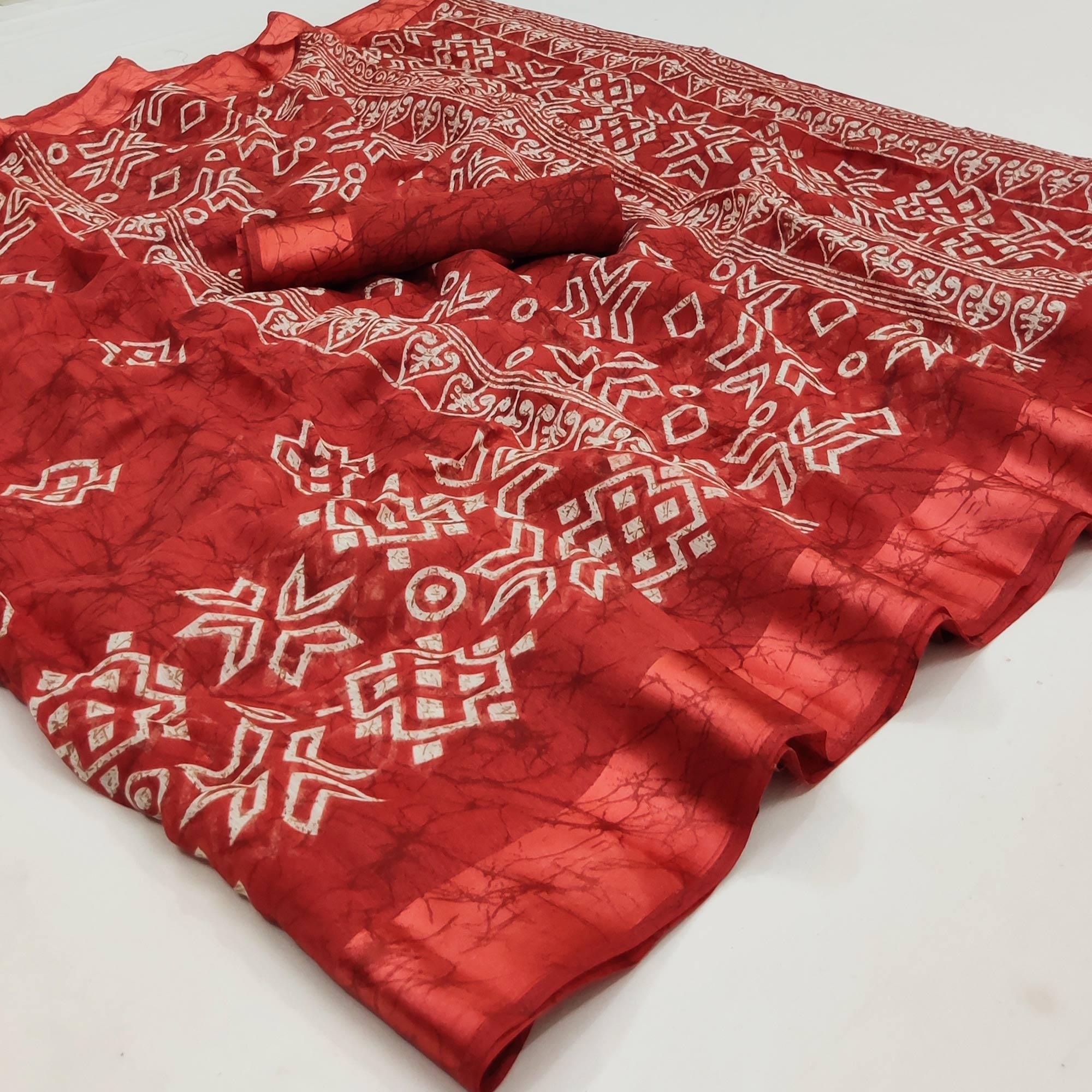 Maroon Geometric Printed Linen Saree - Peachmode