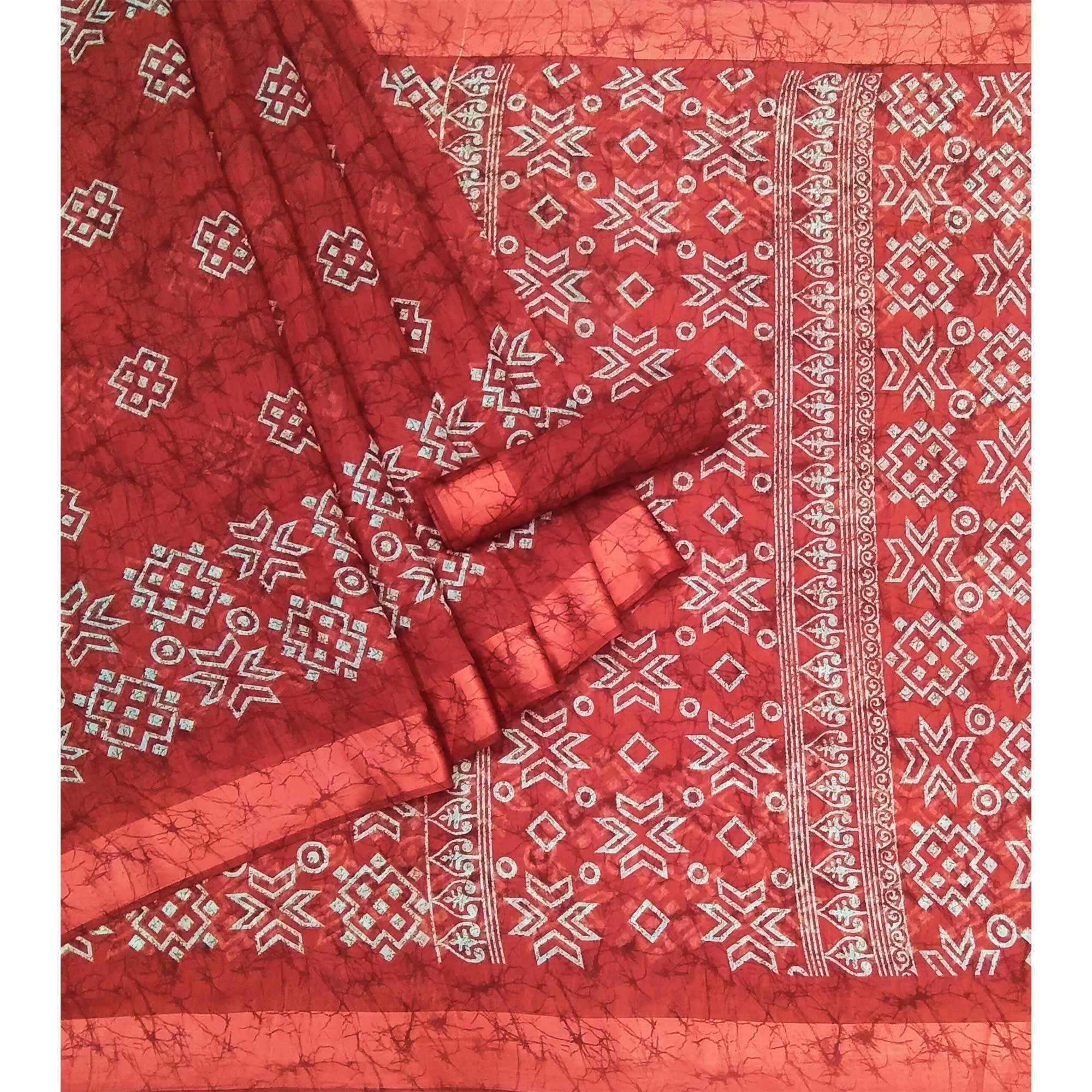 Maroon Geometric Printed Linen Saree - Peachmode