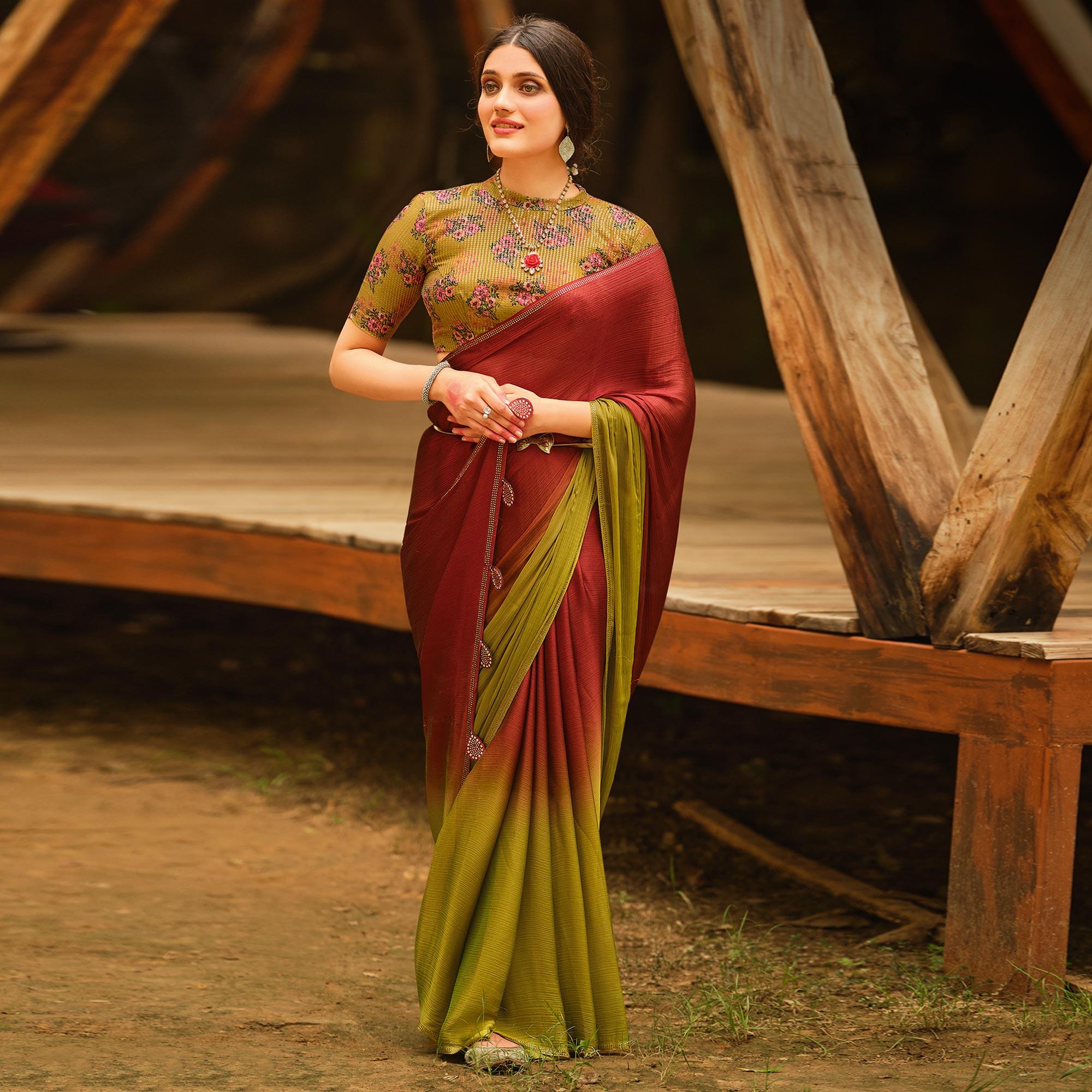 Maroon-Green Solid Chiffon Saree - Peachmode