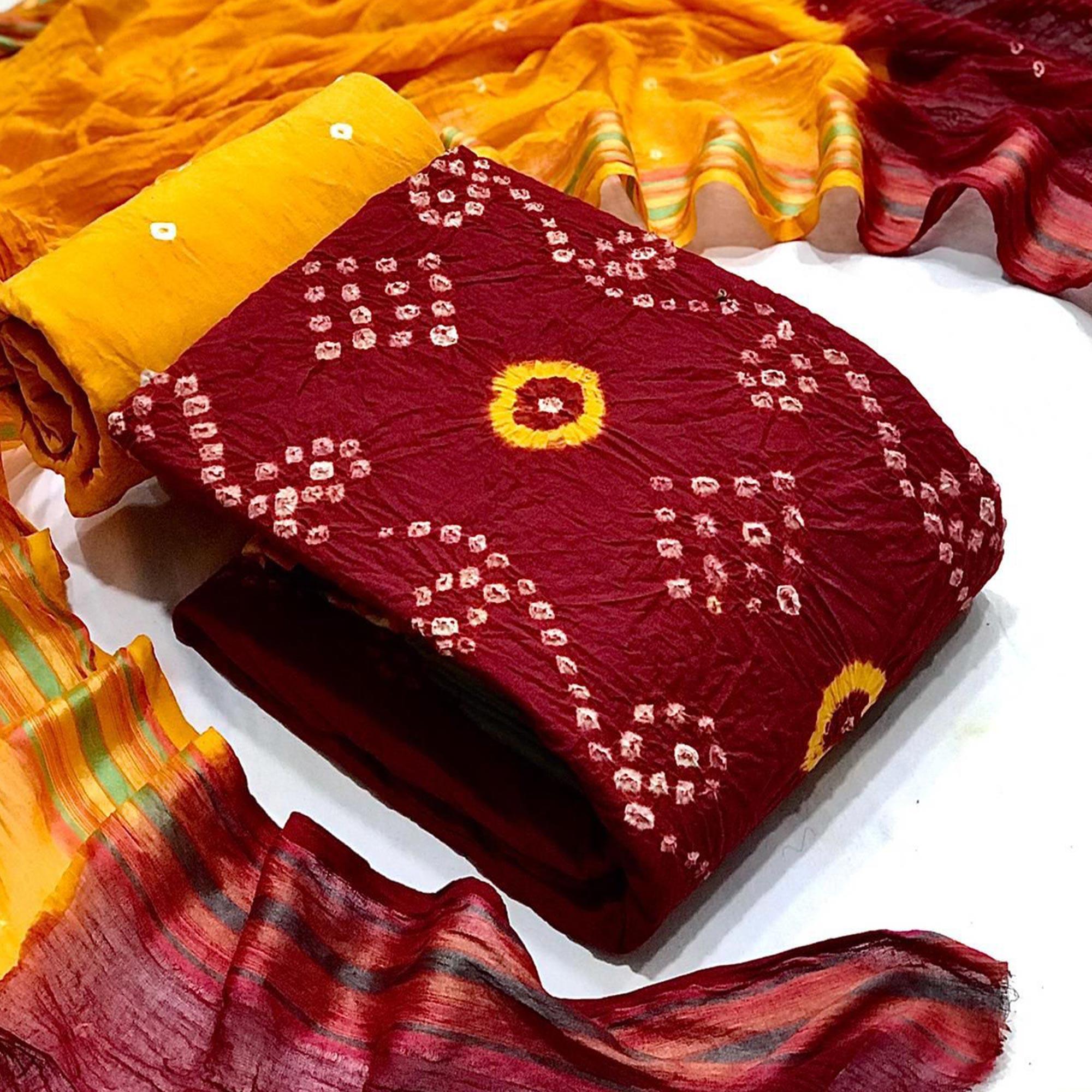 Maroon Hand Bandhani Printed Pure Cotton Dress Material - Peachmode