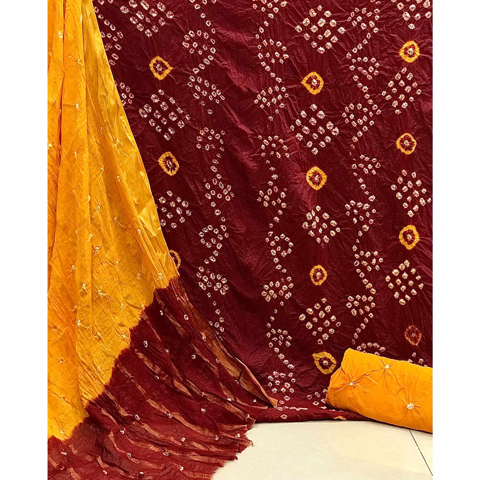 Maroon Hand Bandhani Printed Pure Cotton Dress Material - Peachmode