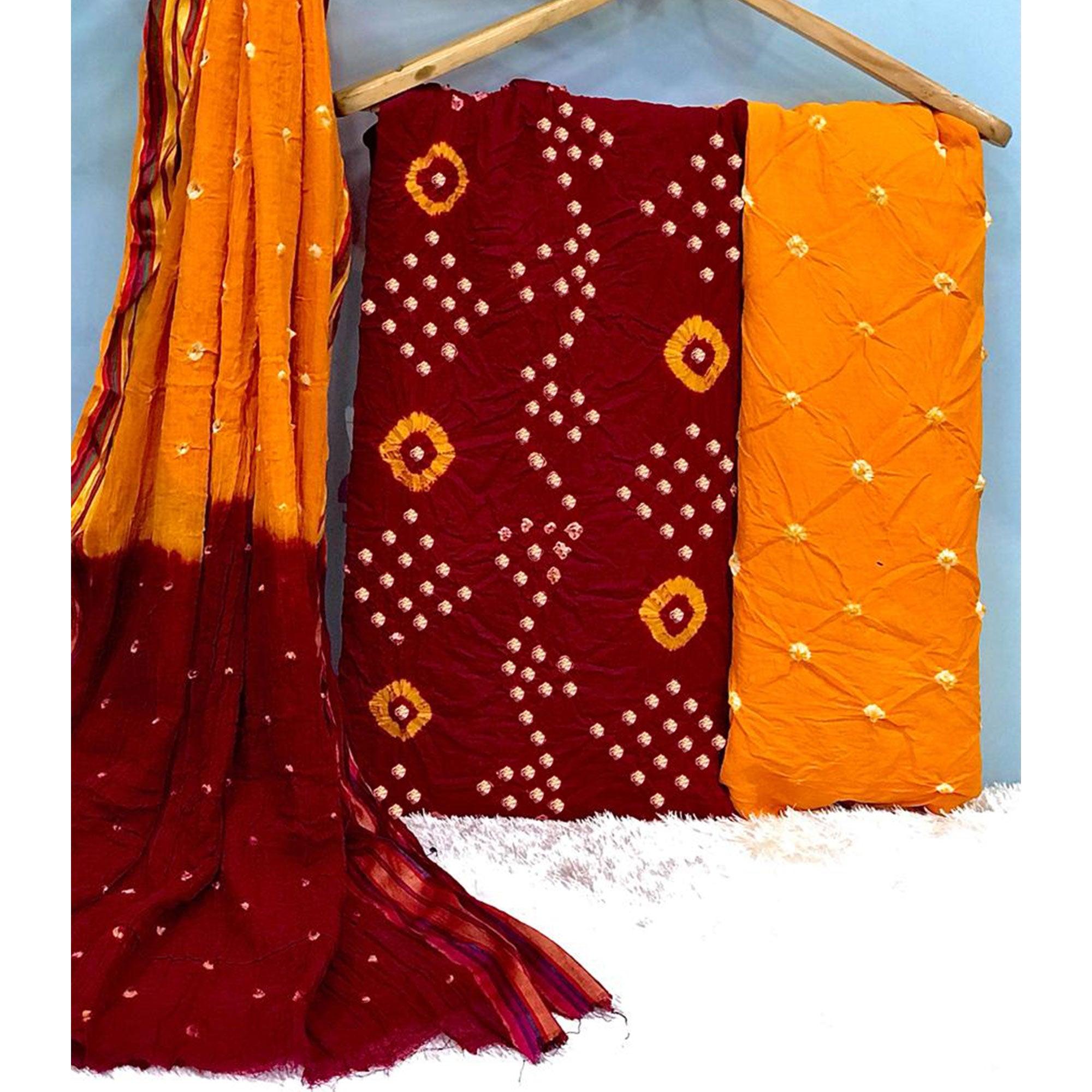 Maroon Hand Bandhani Printed Pure Cotton Dress Material - Peachmode