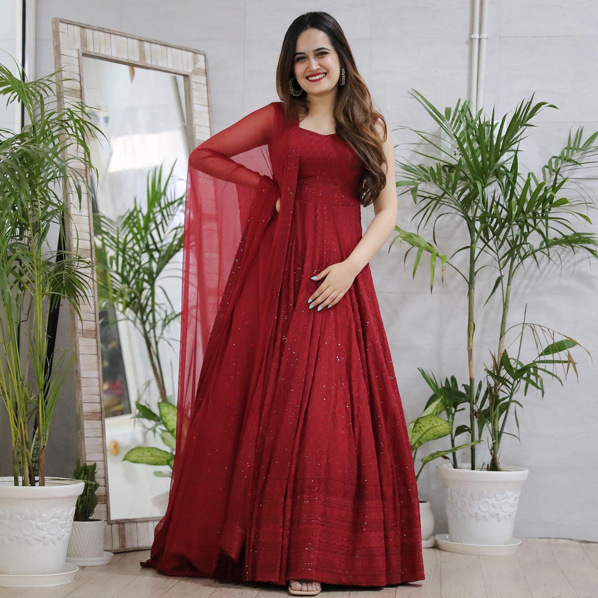 Maroon Lucknowi Chikankari Rayon Partywear Gown - Peachmode