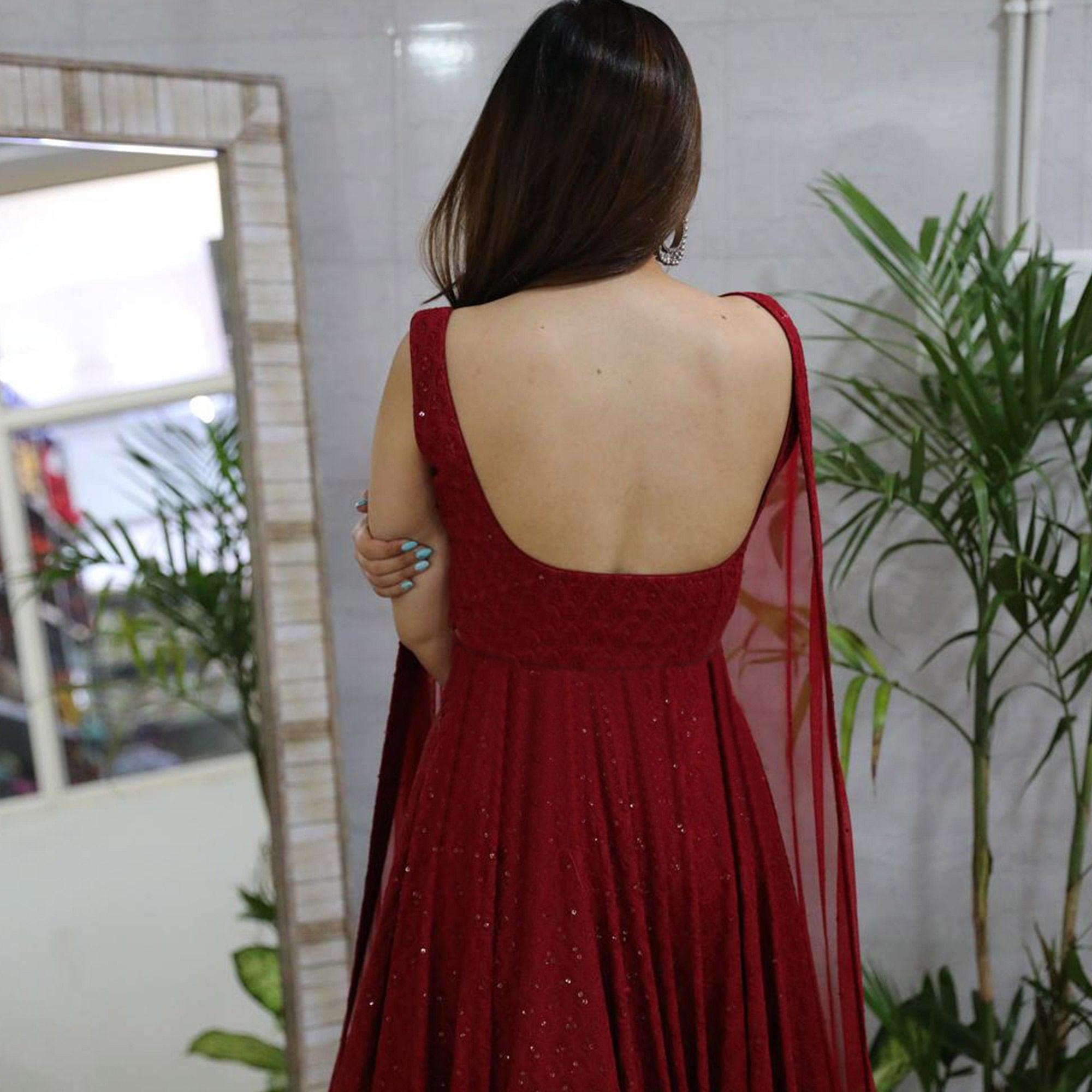 Maroon Lucknowi Chikankari Rayon Partywear Gown - Peachmode