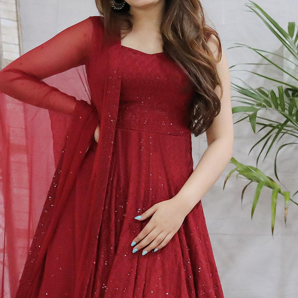 Maroon Lucknowi Chikankari Rayon Partywear Gown - Peachmode