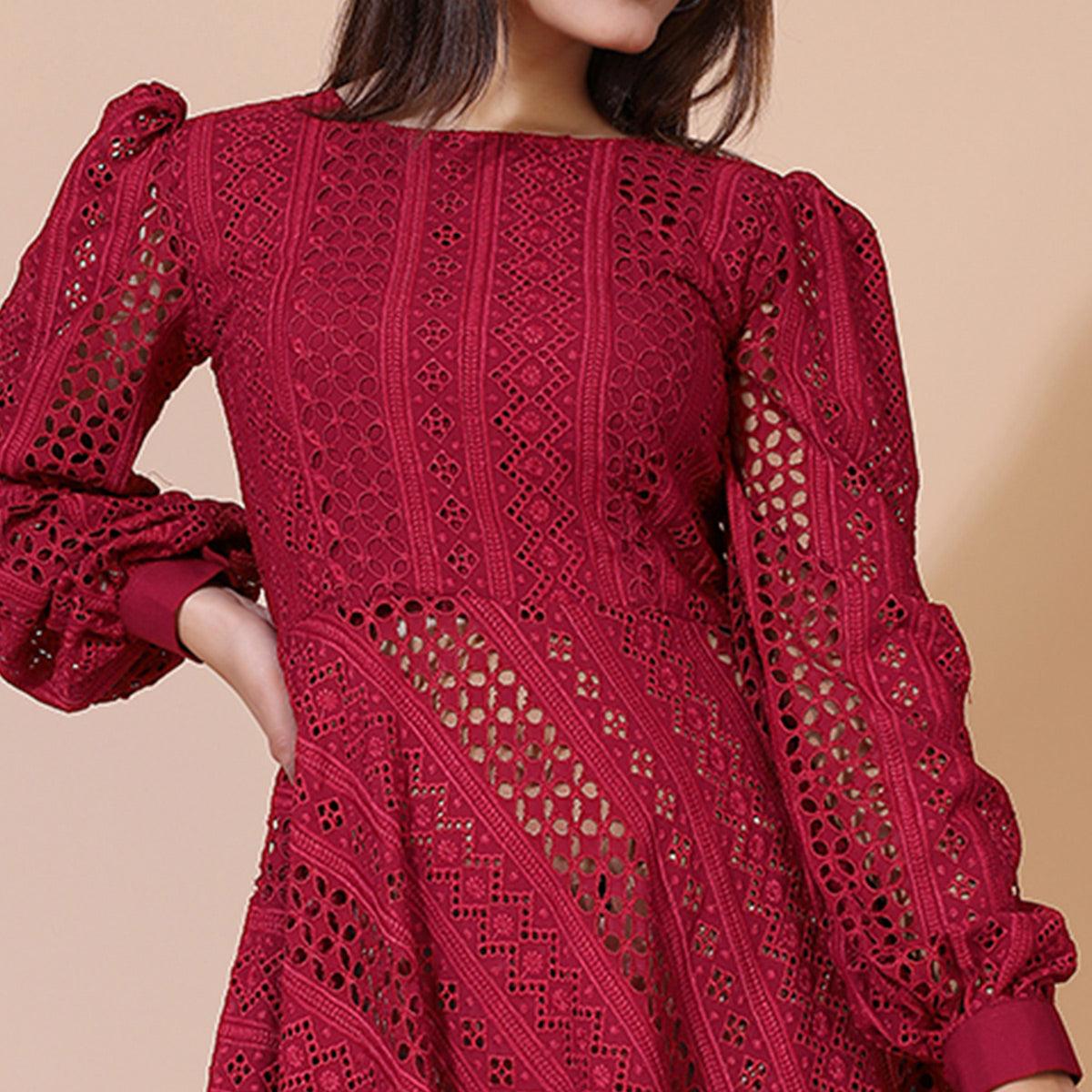 Maroon Lucknowi Chikankari Work Rayon Western Dress - Peachmode