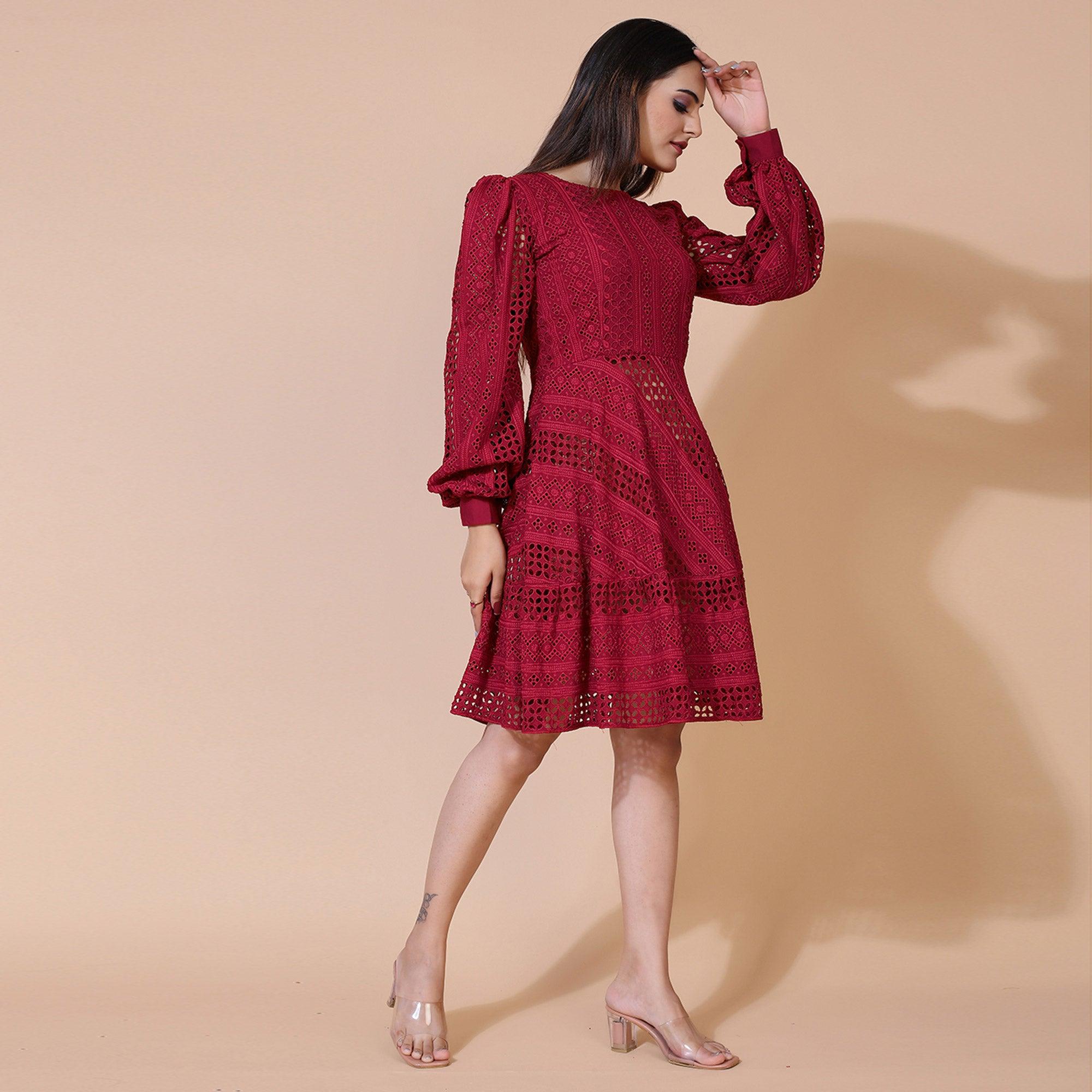 Maroon Lucknowi Chikankari Work Rayon Western Dress - Peachmode