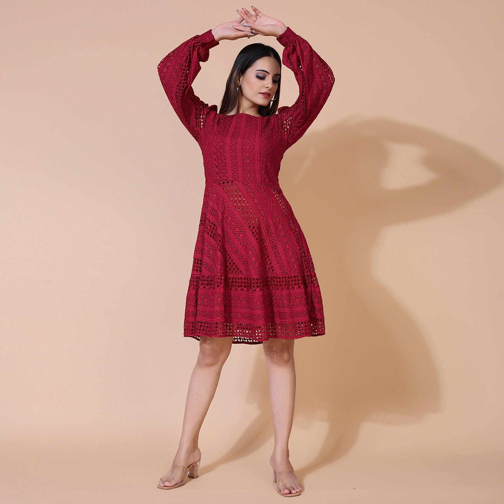 Maroon Lucknowi Chikankari Work Rayon Western Dress - Peachmode