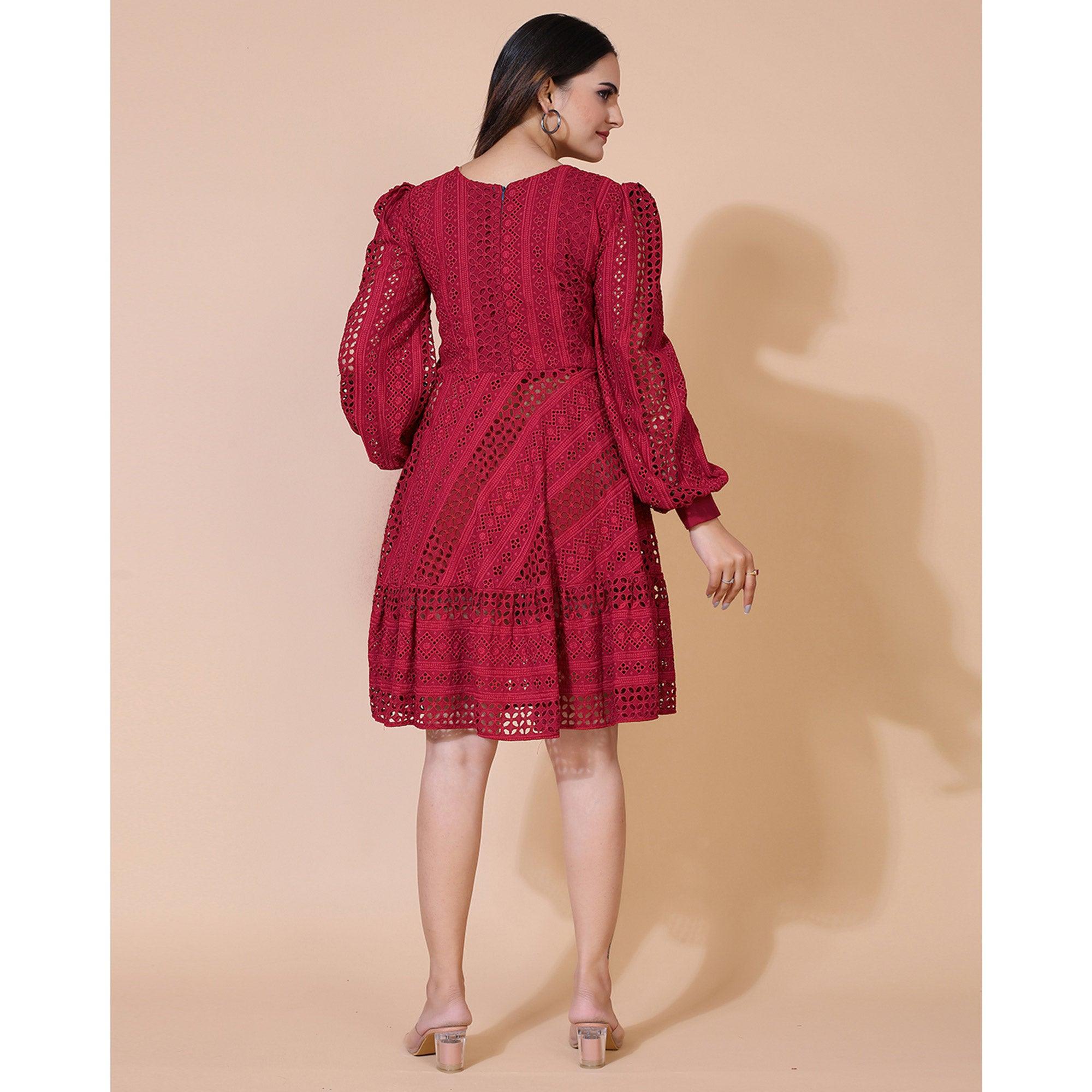 Maroon Lucknowi Chikankari Work Rayon Western Dress - Peachmode