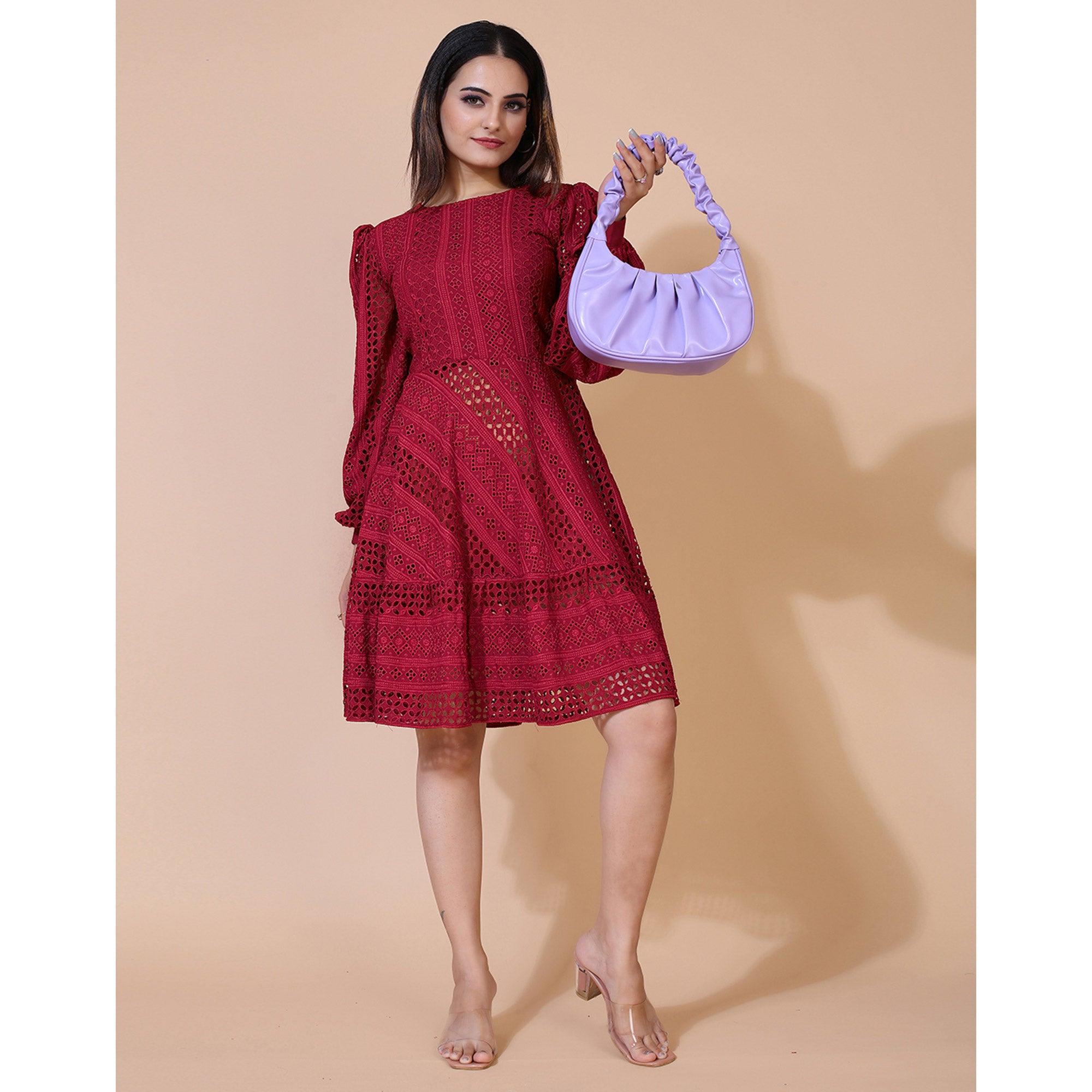 Maroon Lucknowi Chikankari Work Rayon Western Dress - Peachmode