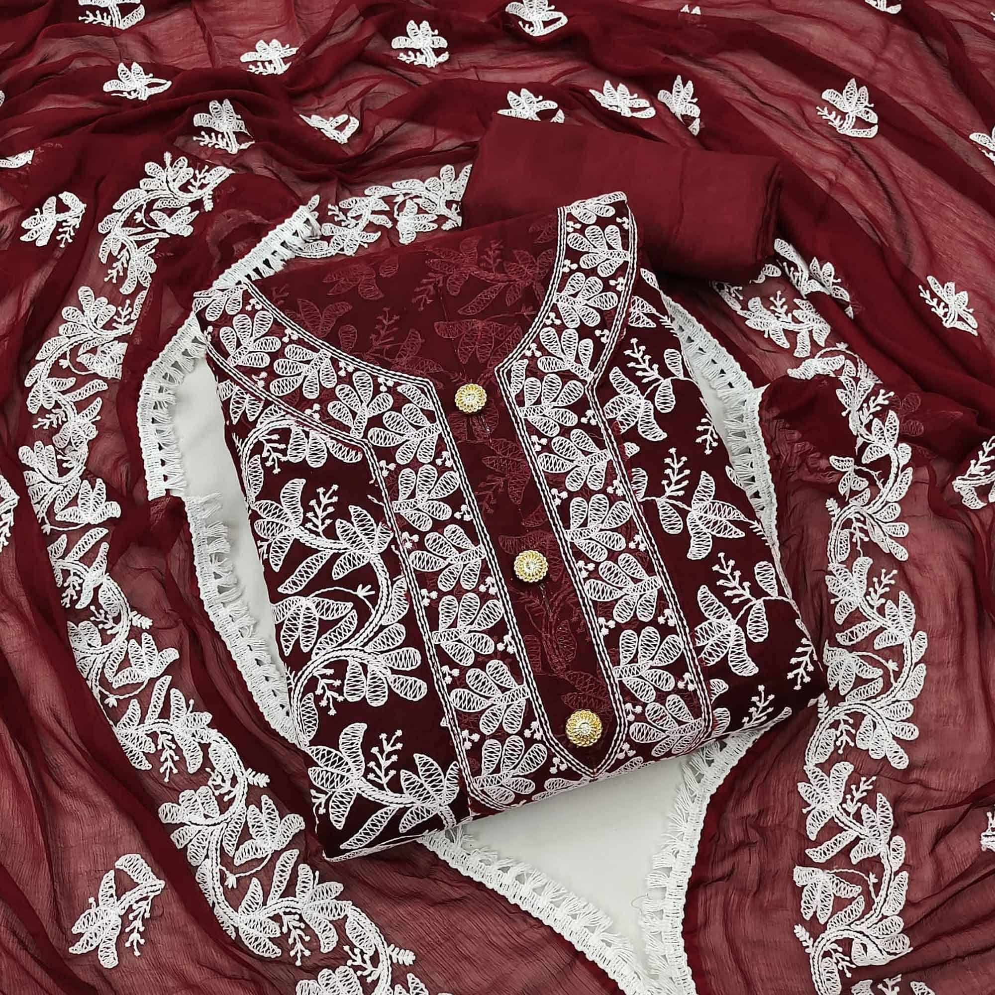 Maroon Lucknowi Embroidered Modal Dress Material - Peachmode