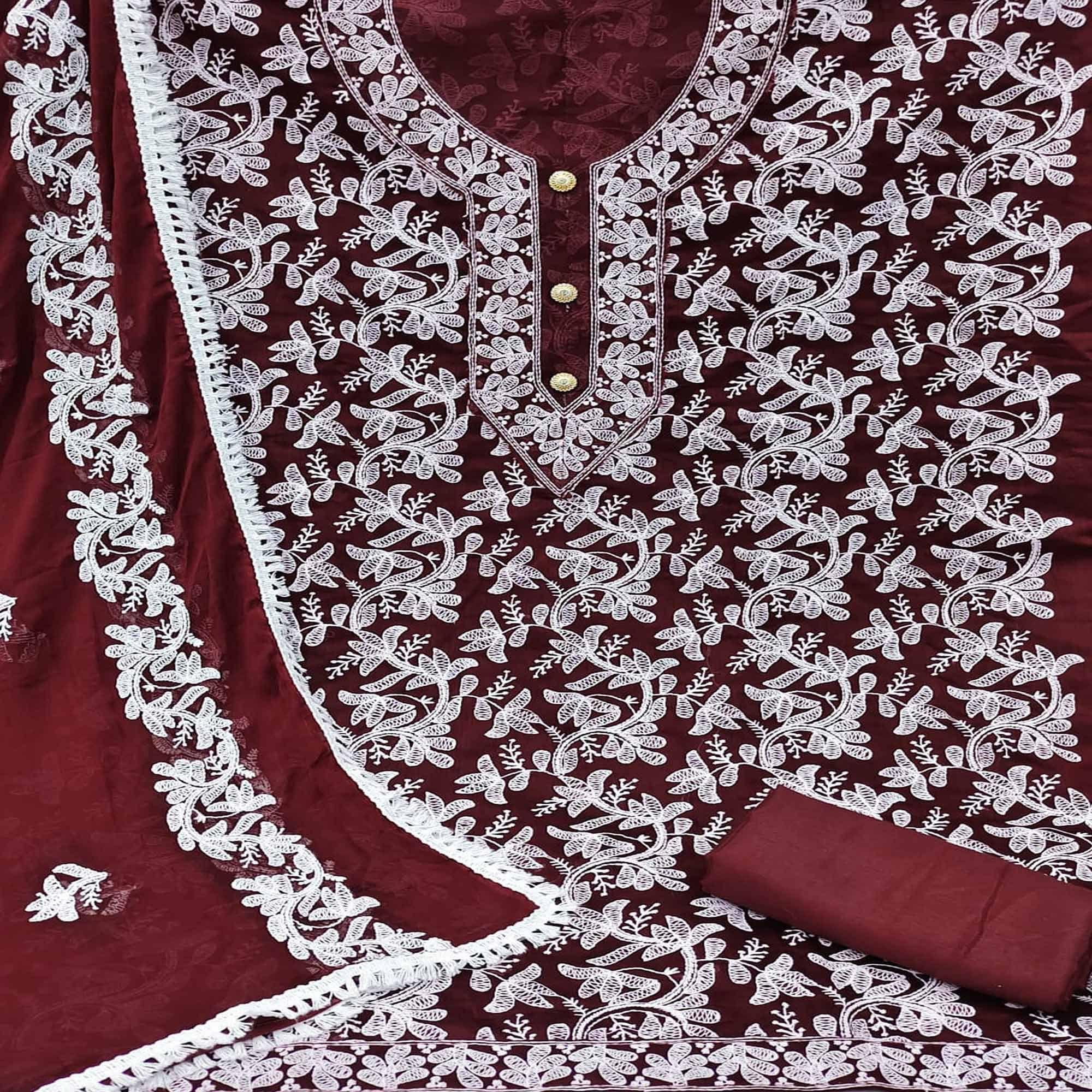Maroon Lucknowi Embroidered Modal Dress Material - Peachmode