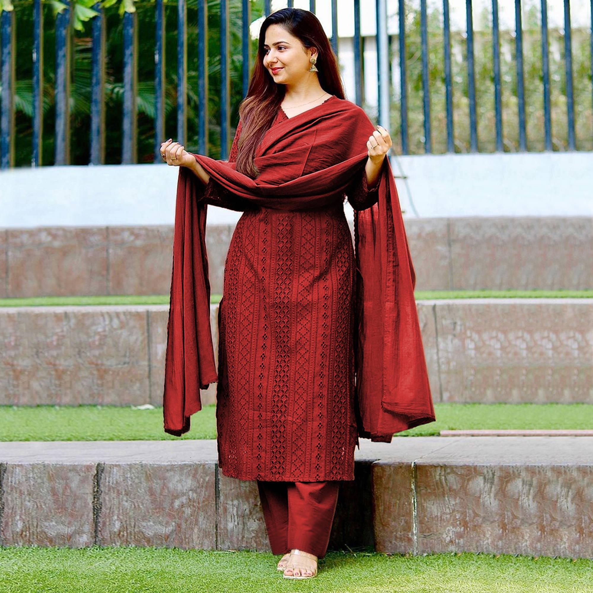 Maroon Lucknowi Embroidered Rayon Suit - Peachmode