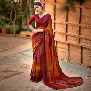 Maroon-Mustard Casual Wear Floral Printed Chiffon Saree With Fancy Blouse - Peachmode