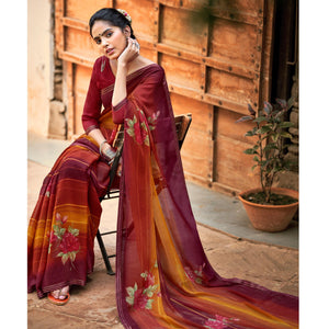 Maroon-Mustard Casual Wear Floral Printed Chiffon Saree With Fancy Blouse - Peachmode