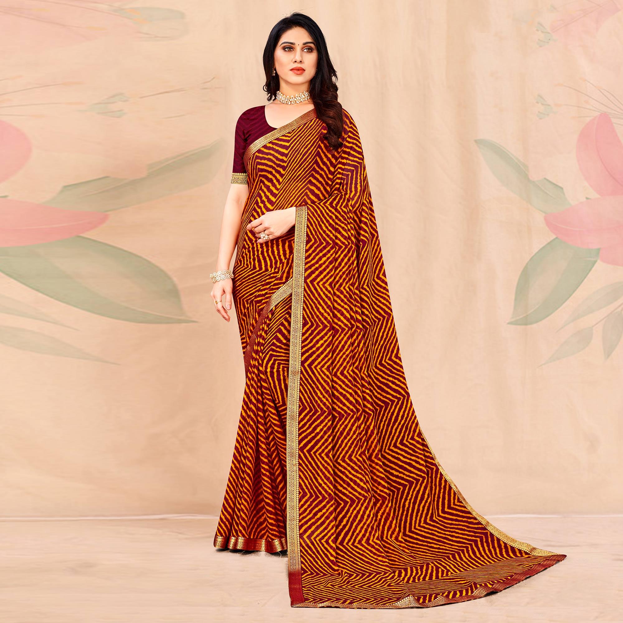 Maroon-Mustard Geometric Printed Chiffon Saree - Peachmode