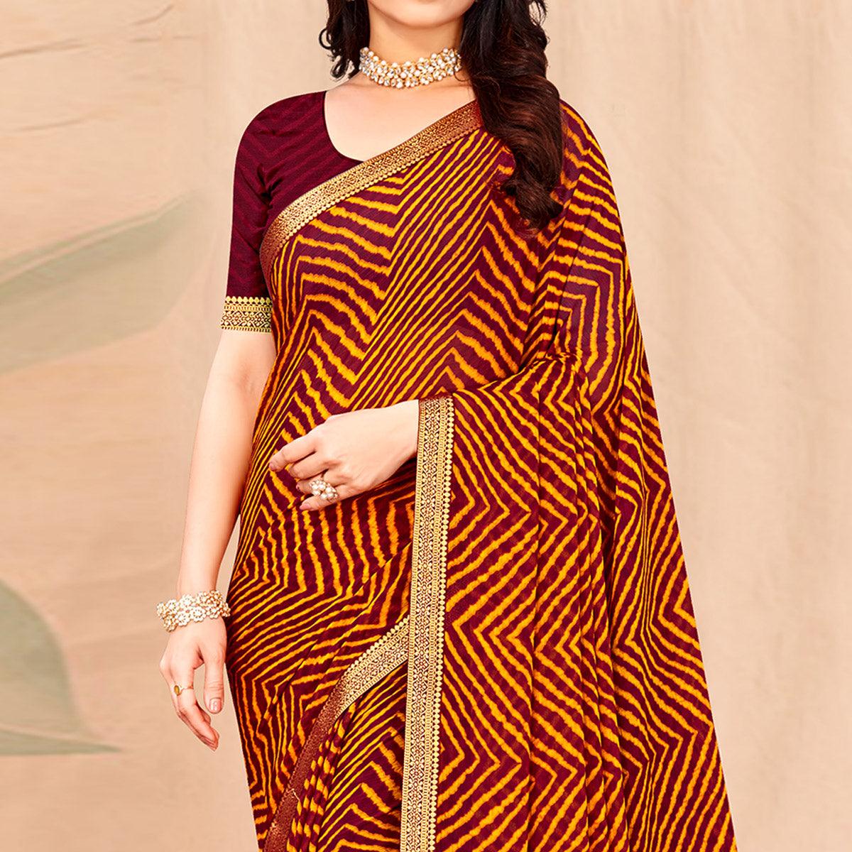 Maroon-Mustard Geometric Printed Chiffon Saree - Peachmode