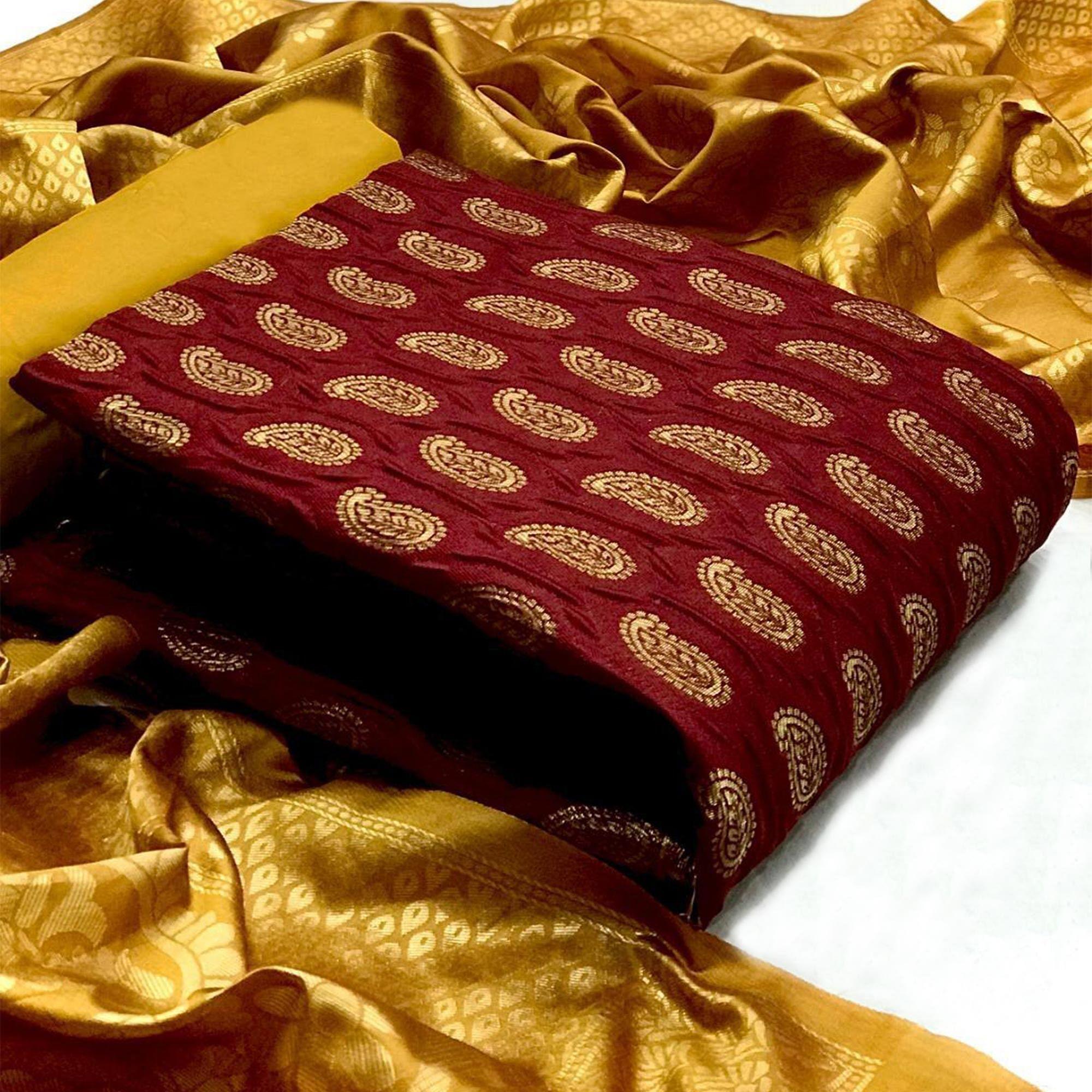 Maroon Paisley Woven Banarasi Silk Dress Material - Peachmode