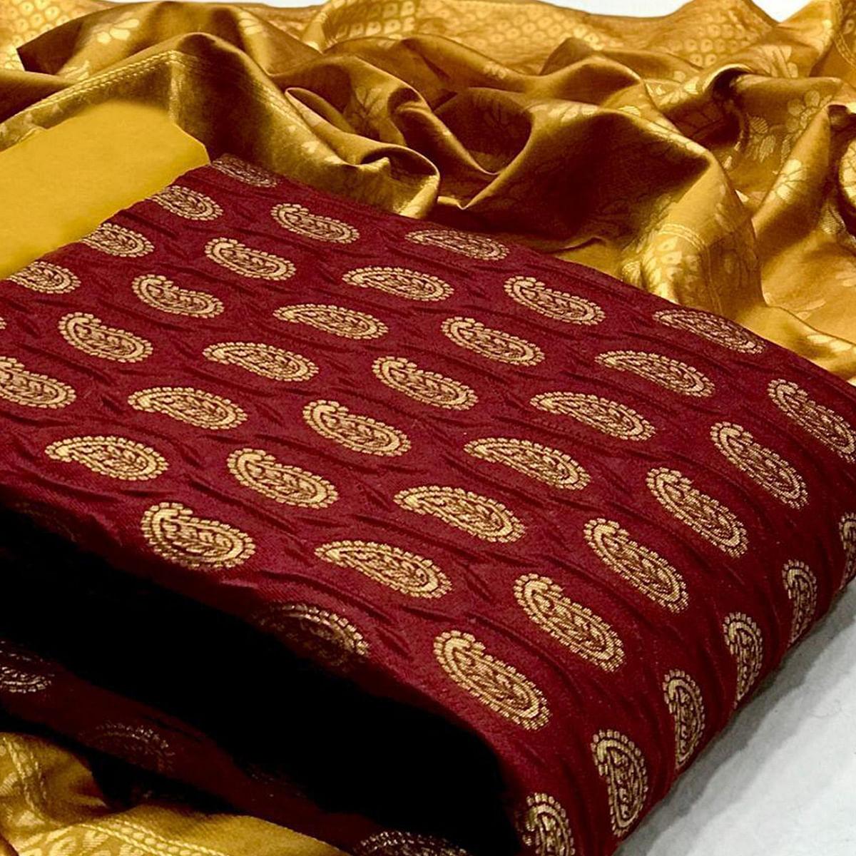 Maroon Paisley Woven Banarasi Silk Dress Material - Peachmode