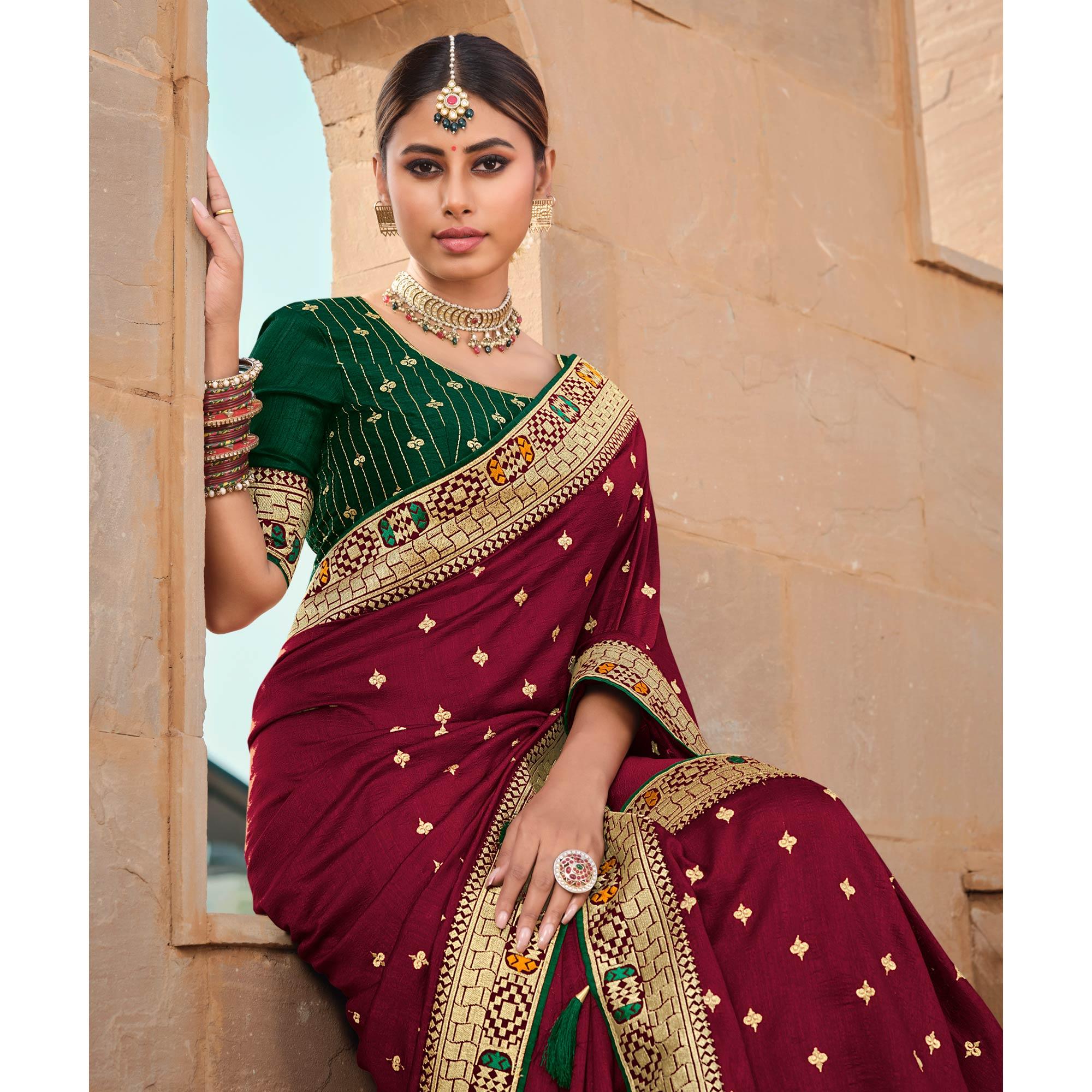 Maroon Party Wear Embroidered Art Silk Saree - Peachmode
