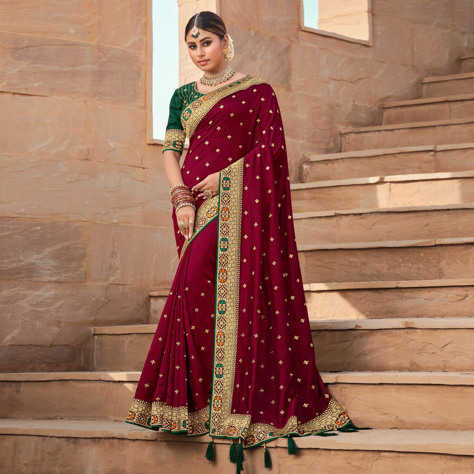 Maroon Party Wear Embroidered Art Silk Saree - Peachmode